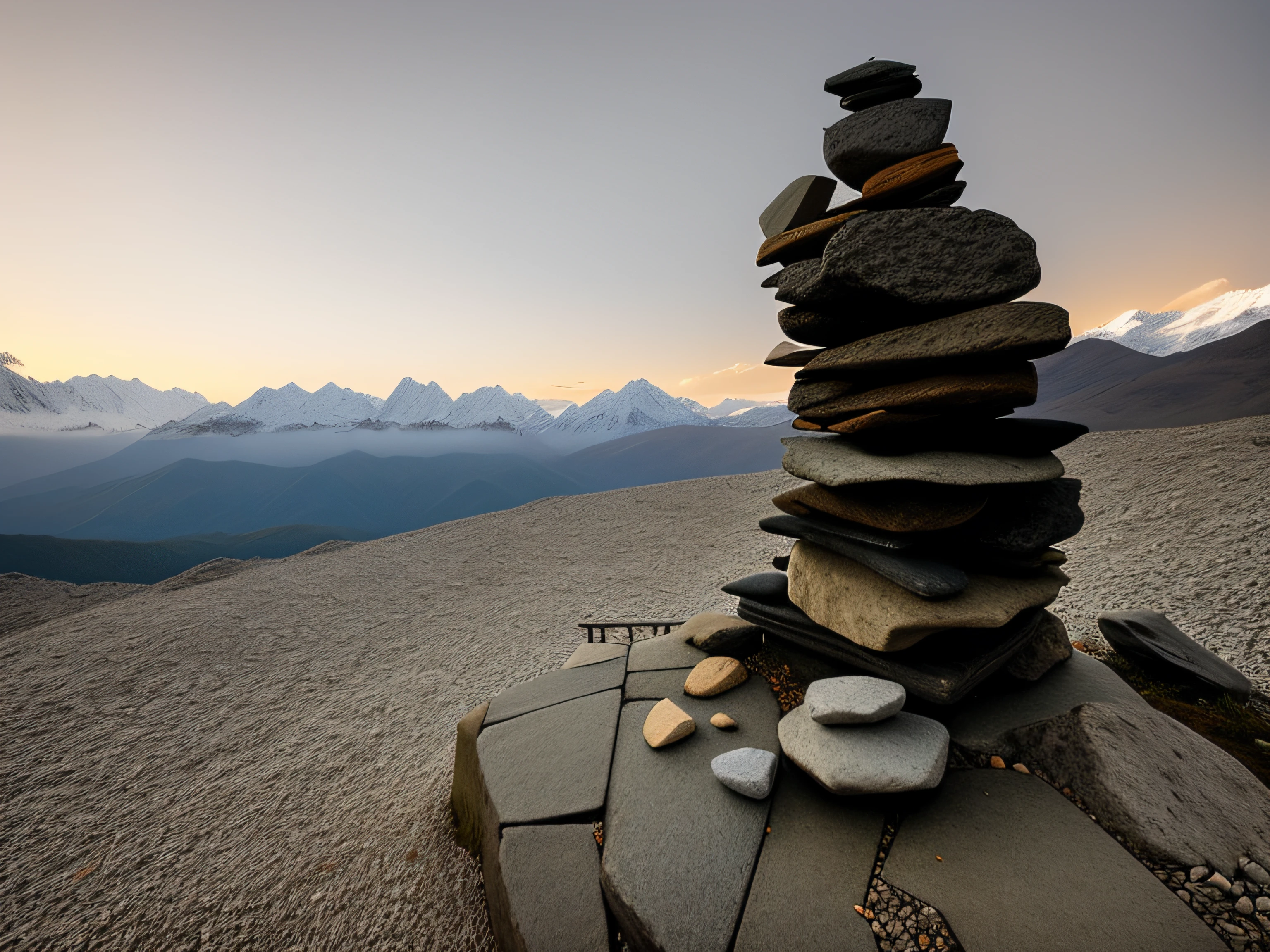 there is a pile of rocks on a rock in the middle of a field, breathtaking himalayan landscape, sculpture made of piled stones, high in mountains, on the top of a mountain, at the top of a mountain, in the midst of high mountains, on top of a mountain, high in the mountains, standing pose on stones, mountain in the background