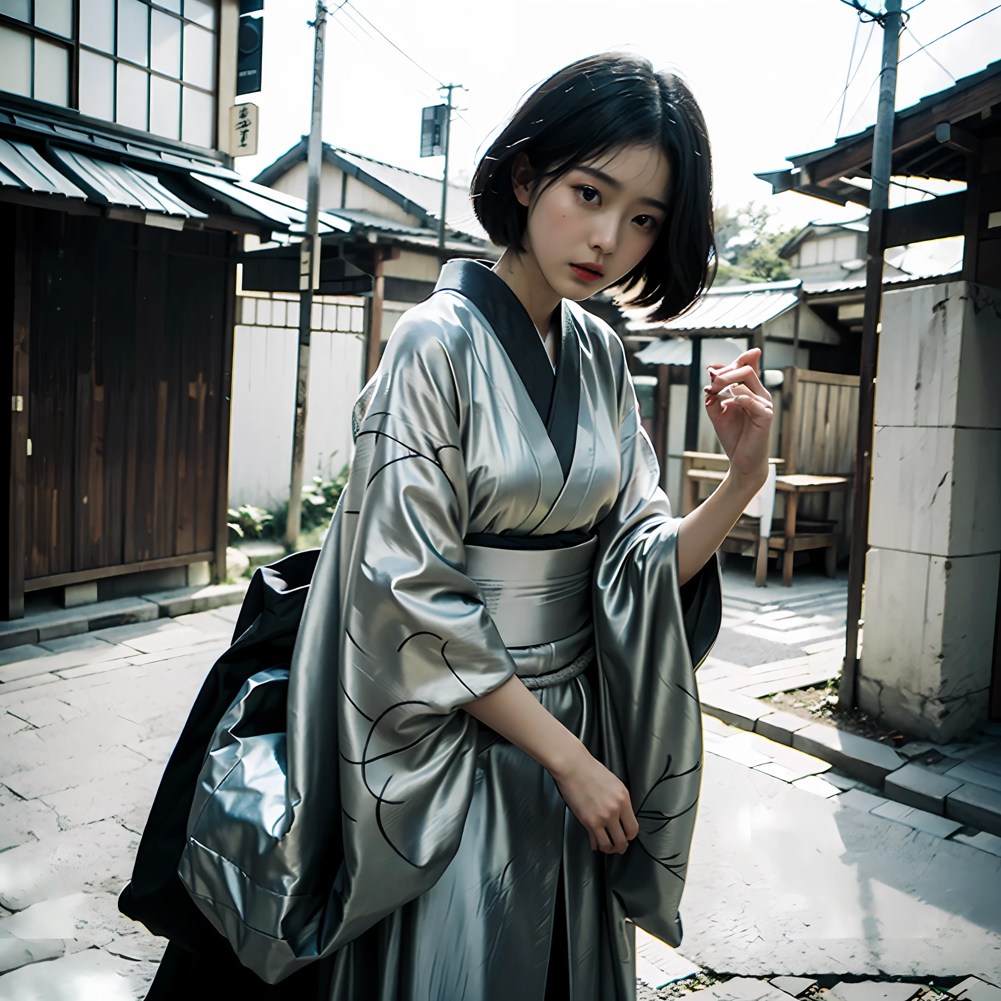 street snap、(Beautiful girl with black hair in kimono)、Taisho Era、monotone、Sepia memories photo style that feels the times、Feeling burnt like an old photo、masterpiece、realisitic