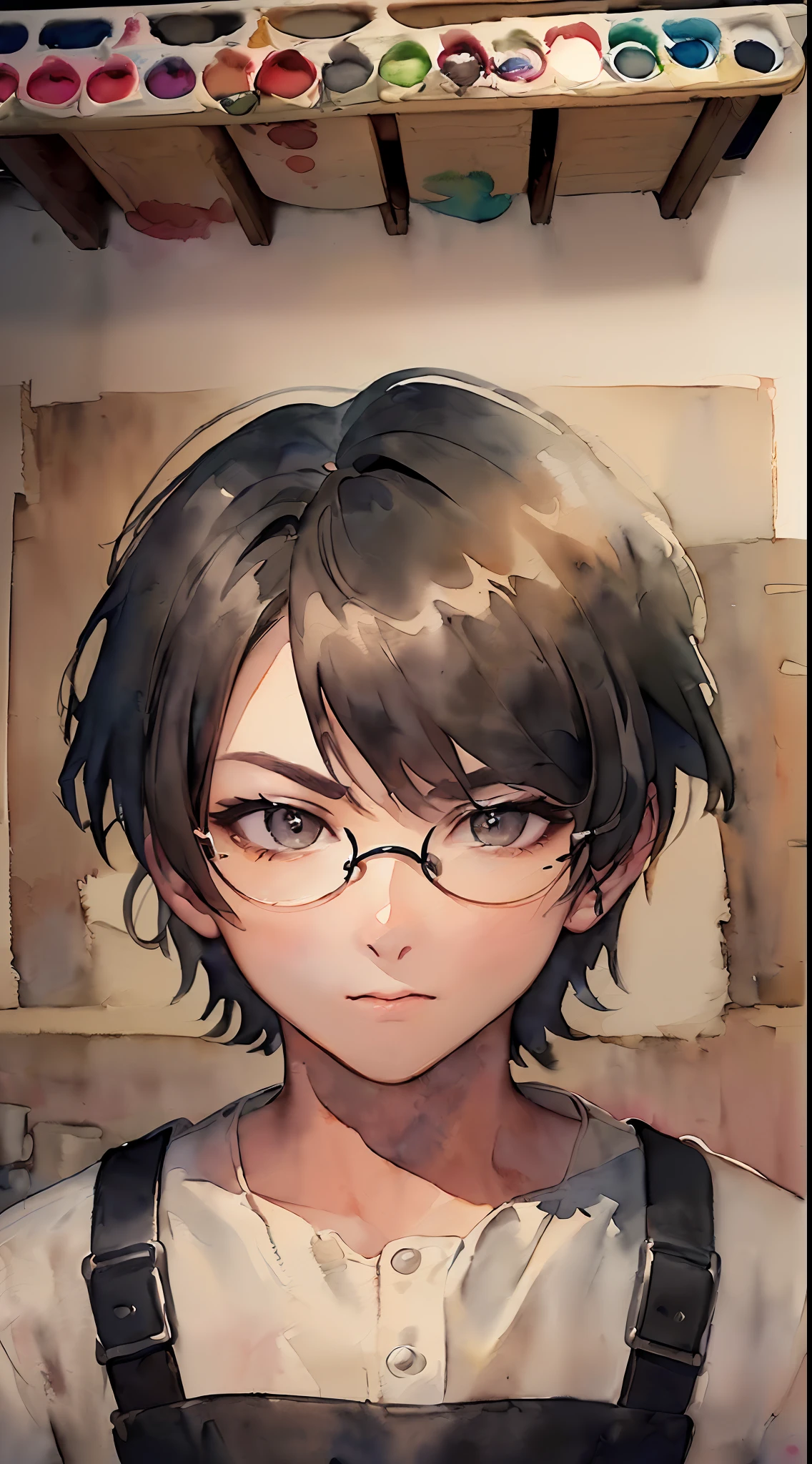 「(8k wallpaper:1.5)、(high-level image quality:1.3)、(illustratio, watercolor paiting:1.6)、(male people、独奏、Middle Age:1.4)、(macho、Lunette de soleil:1.5)、(Workwear、A black:1.5)、(Job table:1.3)、(sepia, gradients:1.5)」
