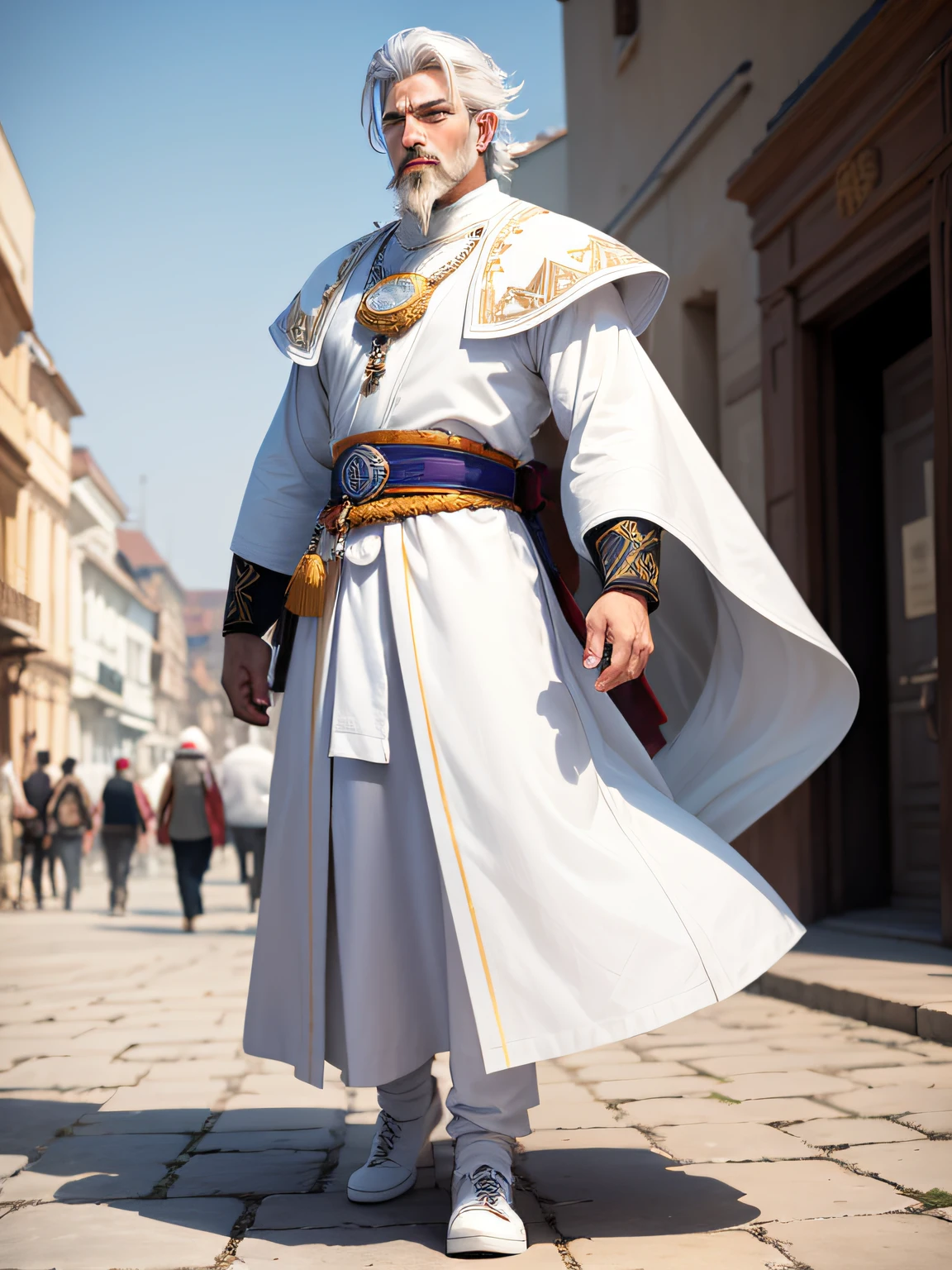 mtu,white color hair,white facial hair,Ancient wear,Mighty,Daytime background,Handsome,standing on your feet --auto