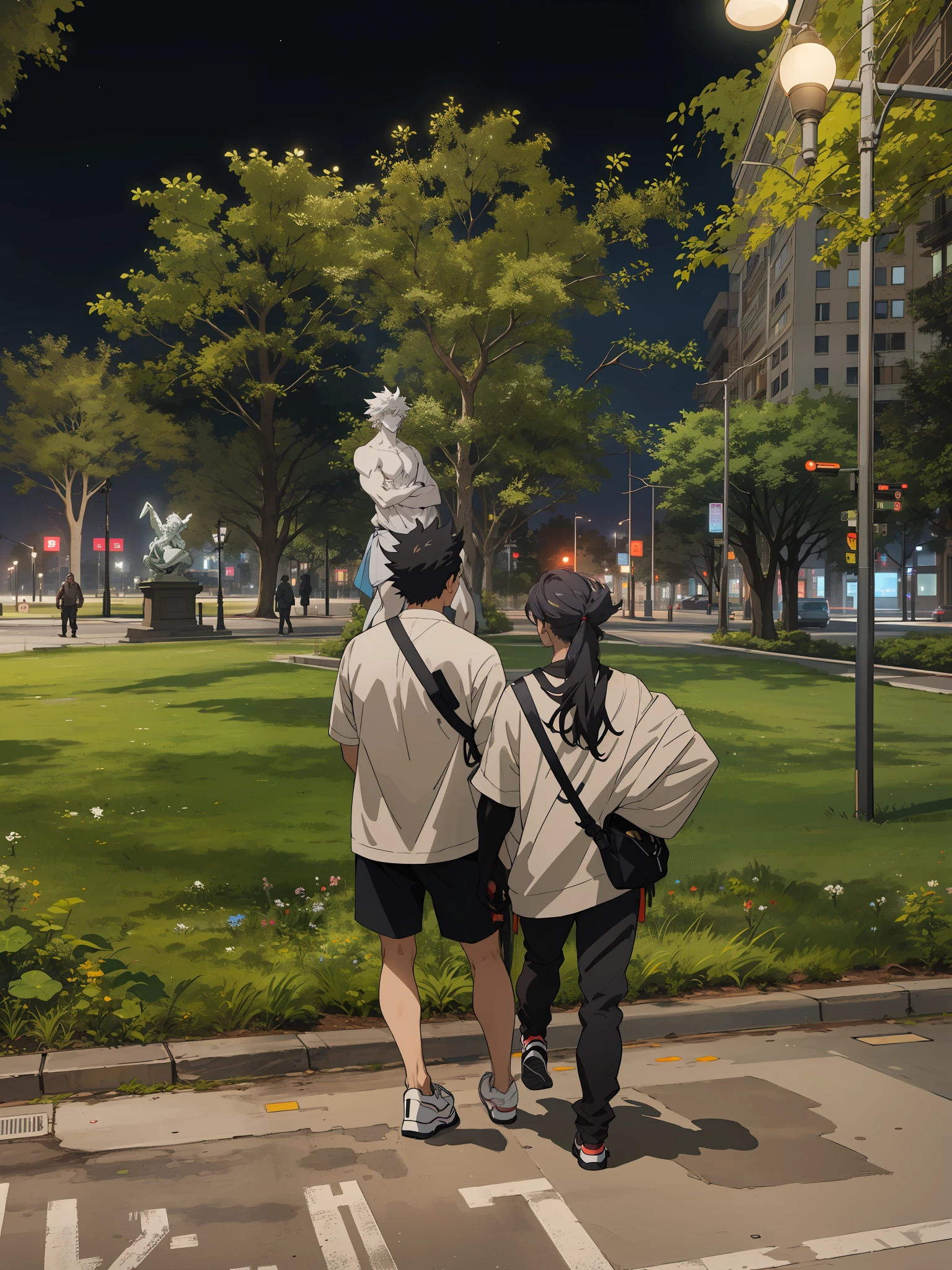 there are two people walking down the sidewalk at night, park in background, with a park in the background, posing like a statue, at night, some marble statues can be seen, with a park in the back ground, with a figure in the background, late evening, couple, time travelers appear in a park, in a city square, from the distance, anime drawing