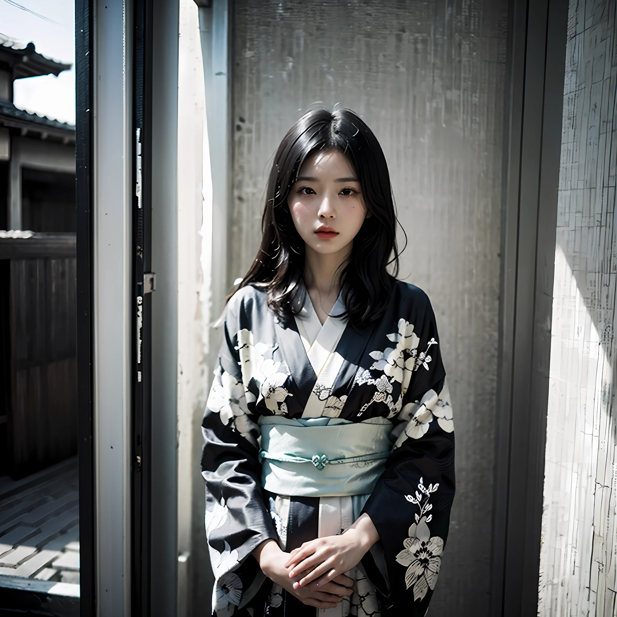 street snap、(Beautiful girl with black hair in kimono)、Taisho Era、monotone、Sepia memories photo style that feels the times、Feeling burnt like an old photo、masterpiece、realisitic