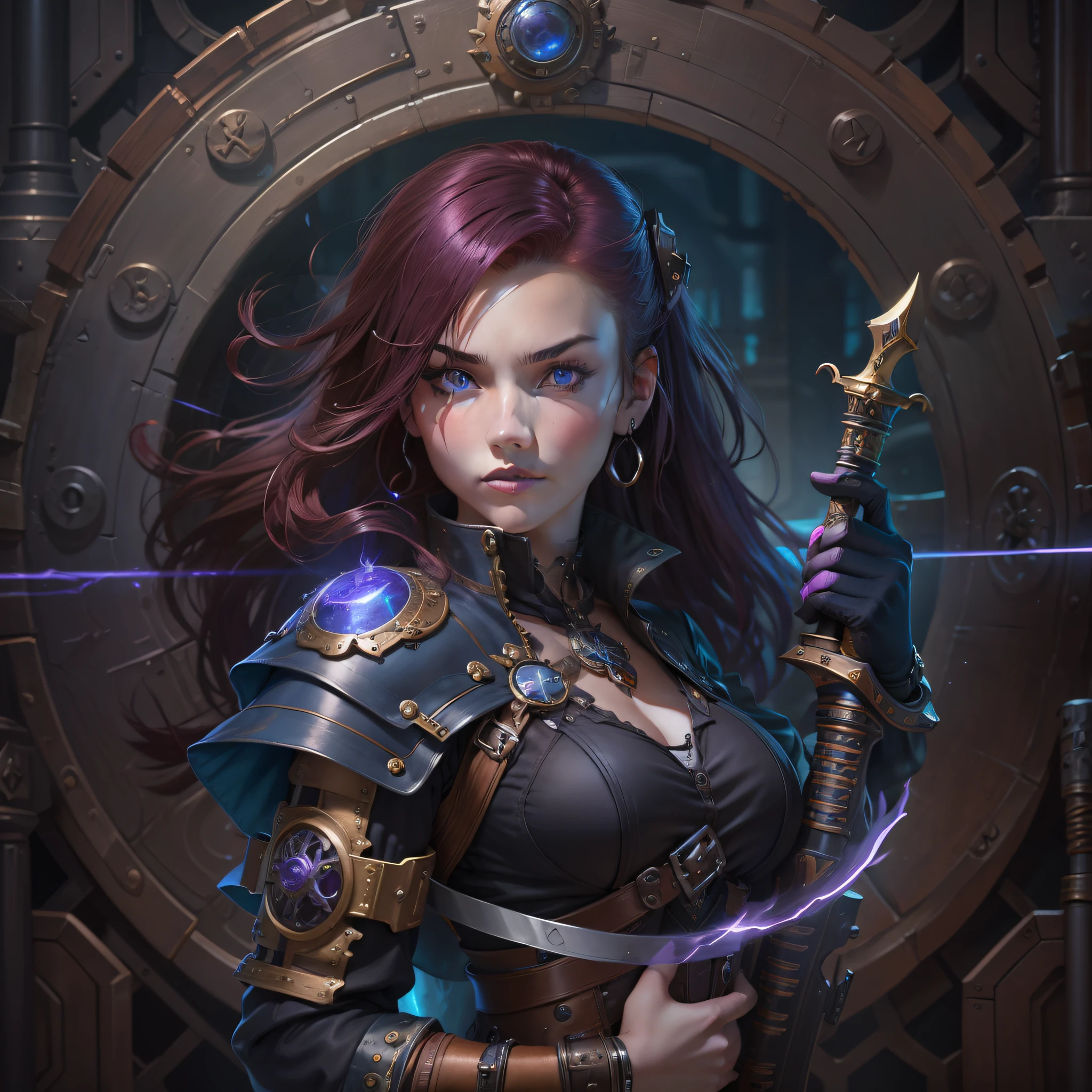 A girl with burgundy hair stands in front of a portal to a dungeon with a sword in her hands and a lacquer and quiver of arrows behind her back, Her blue eyes glow, and it's as if purple power energy is emanating from her body, Her clothes are black, ((in a modern steampunk style))