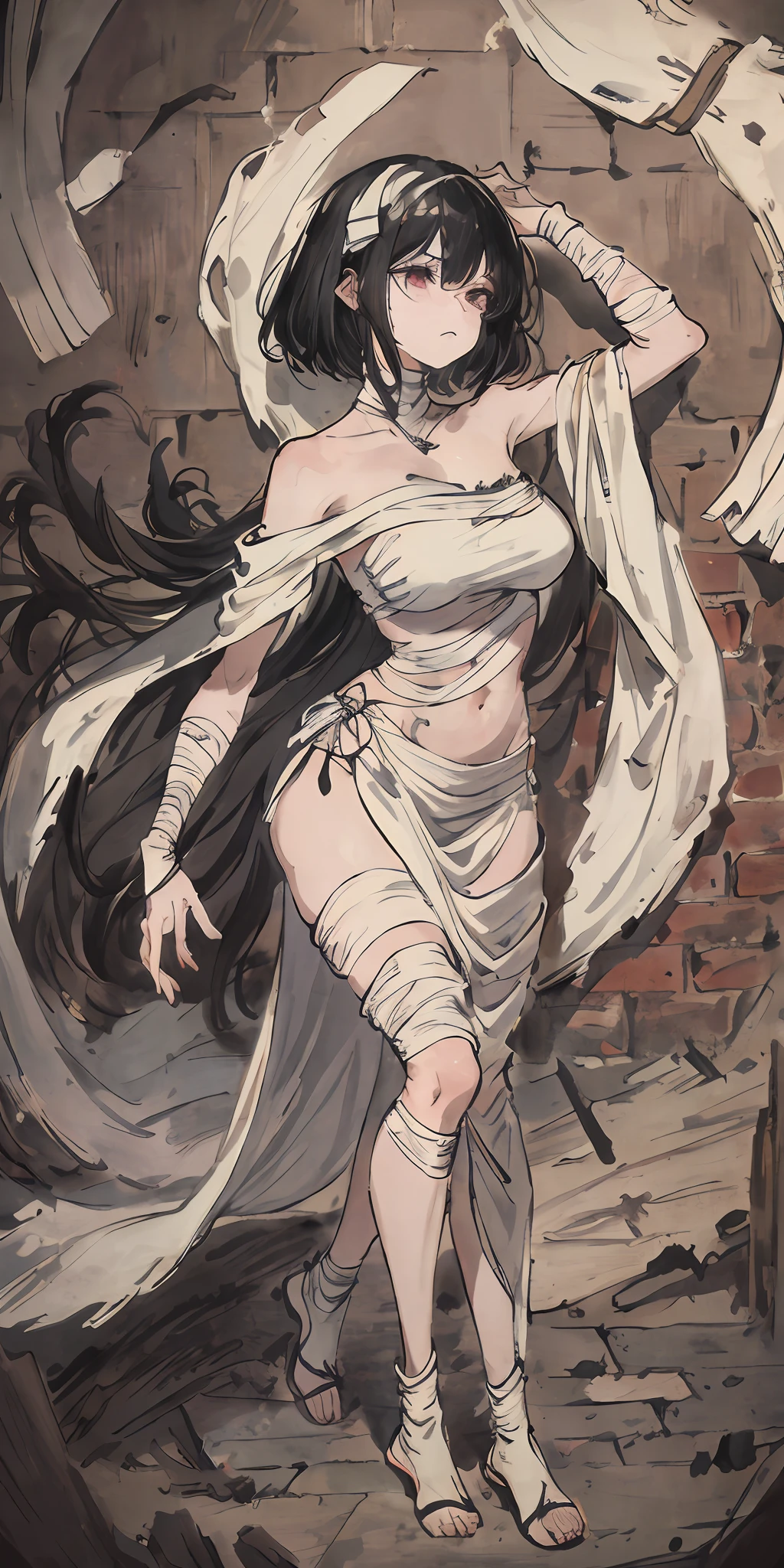 ((masterpiece))、((top-quality))、((Official art))、8K、very detailed illustration、Black hair、Short bob hairstyle、A detailed eye、(Mummy girl with white bandages from head to foot)、Loosely rolled bandage、((Mummified Girl))、Delicate body、((Dark look))、(Depressed look 1.5)、Professional Model Pose、glamor、seminude、Brick underground dungeon background