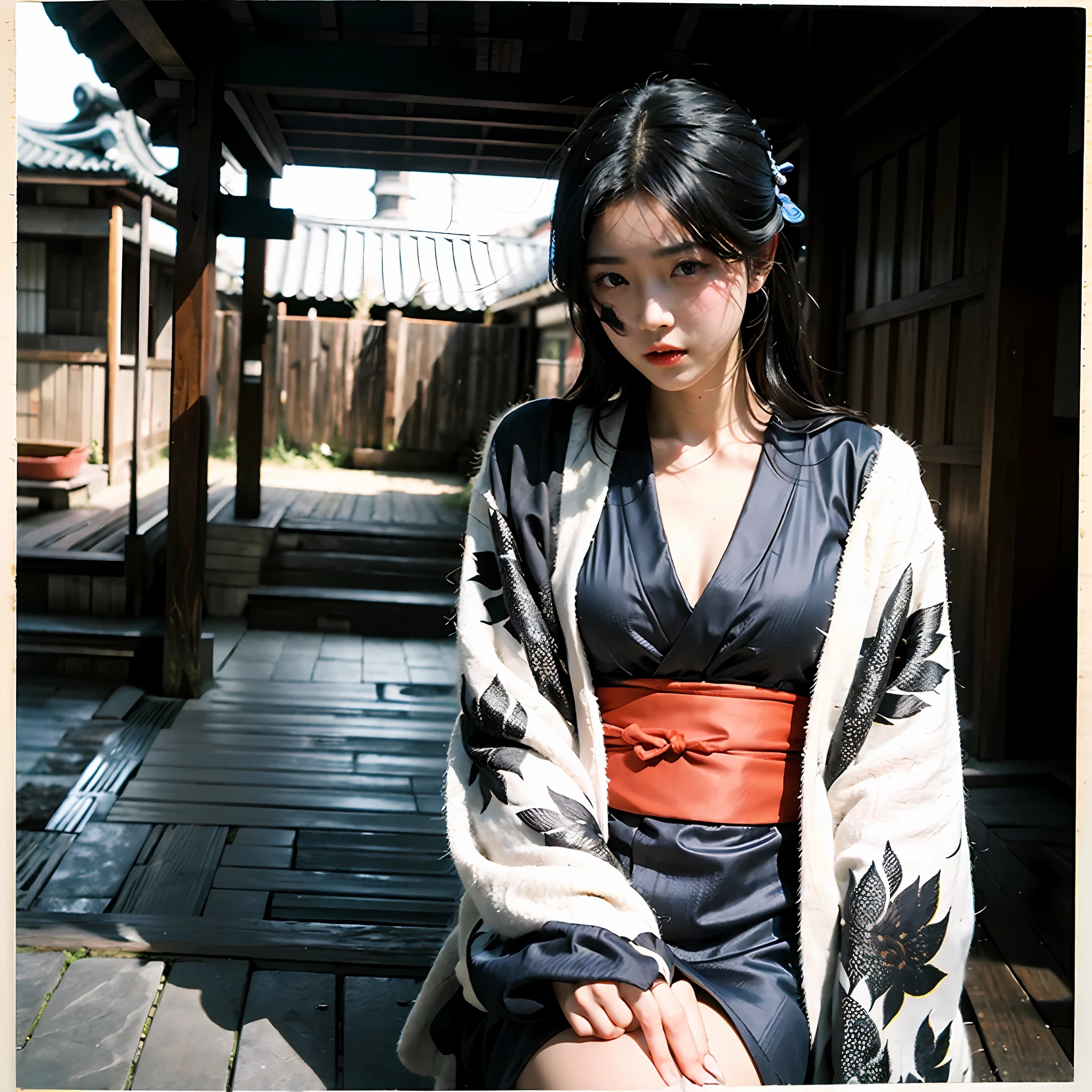 street snap、(Beautiful girl with black hair in kimono)、Taisho Era、monotone、Sepia memories photo style that feels the times、Feeling burnt like an old photo、​masterpiece、realisitic