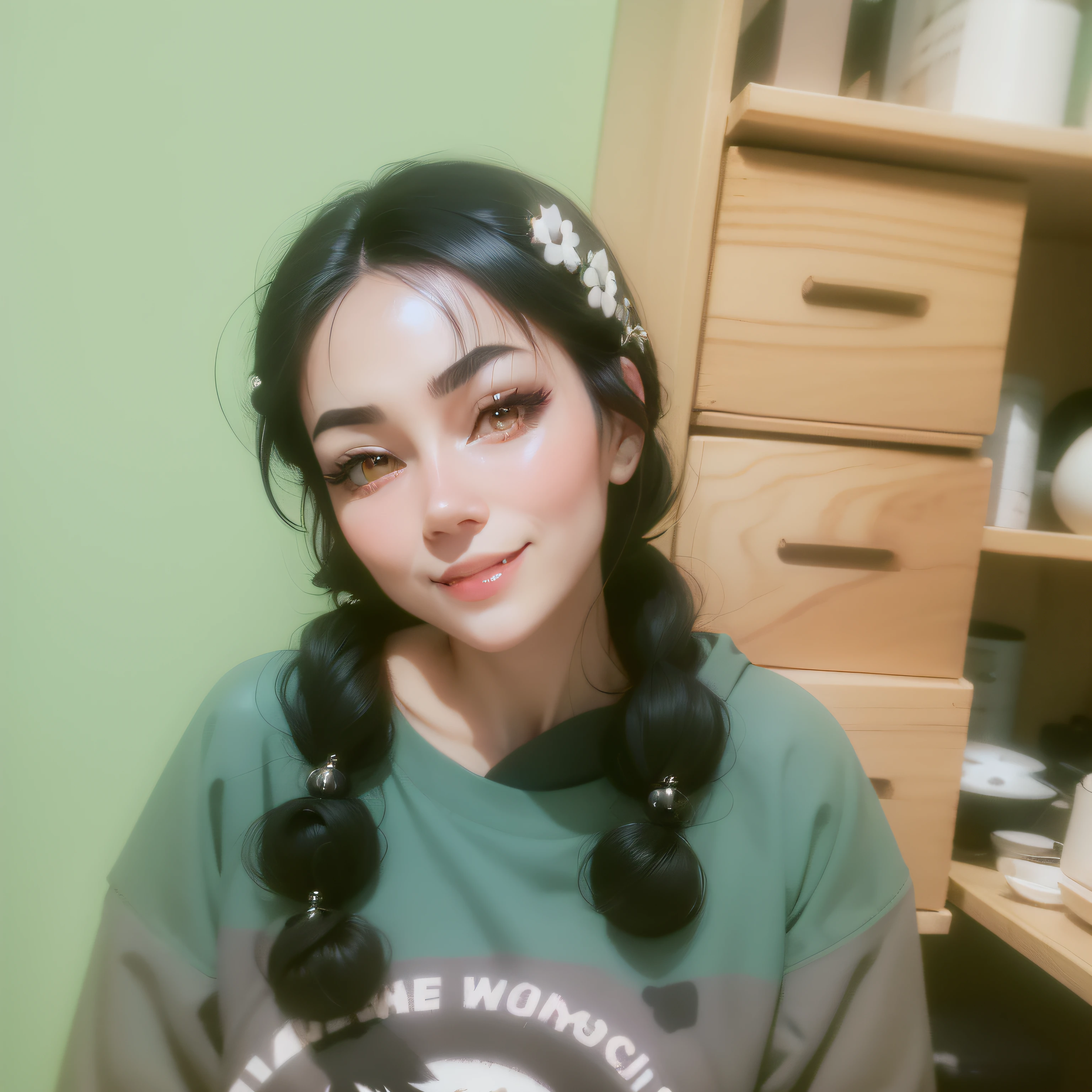 black hair, hair bobbles, wince, longeyelashes, solid circle eyes, fake animal ears, light smile, ear blush, fang, Surrealism, drop shadow, anaglyph, stereogram, tachi-e, pov, atmospheric perspective, 8k, super detail, ccurate, best quality --auto