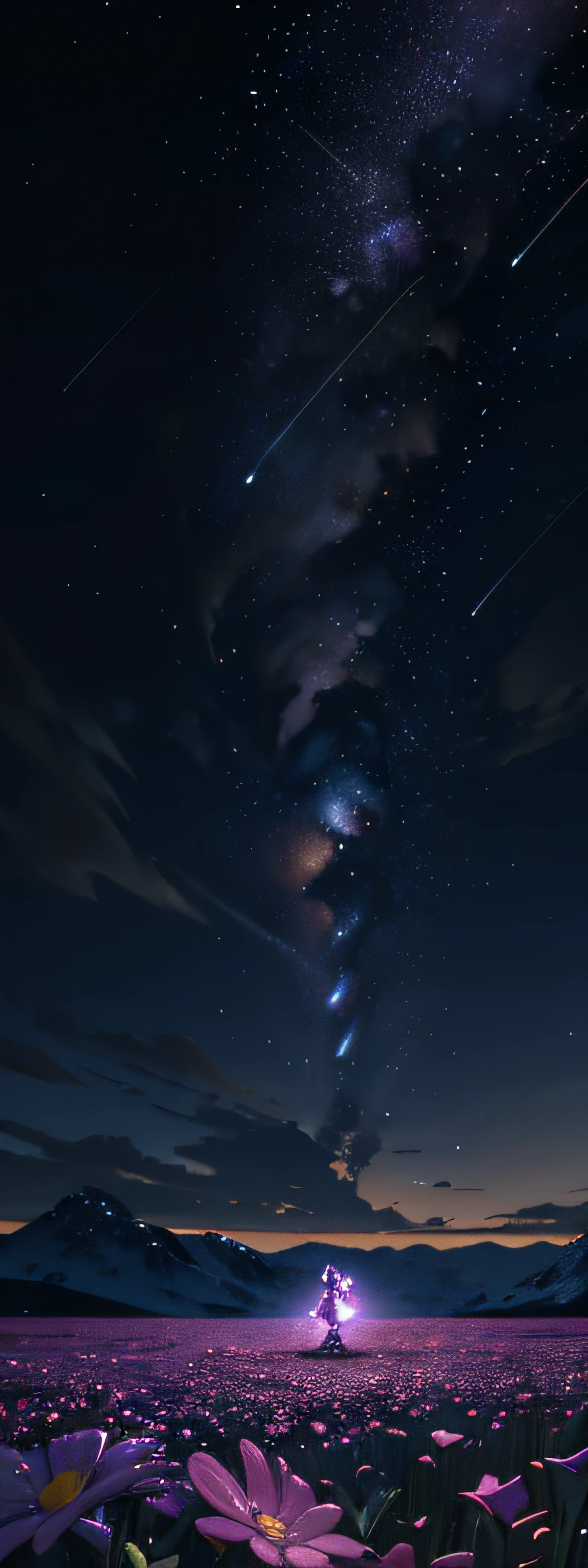 Expansive landscape photograph,(look from down,Above is the sky,Below are open fields),A girl standing on a flower field looking up,(moon full:1.2),(meteors:0.9),(Starcloud:1.3),Far Mountain, Tree BREAK making art,(Warm light source:1.2),(glowworm:1.2),lamp lights,Lots of purple and orange,Complicated details,Volumetriclighting,Realism BREAK(tmasterpiece:1.2),(best qualtiy),4k,Ultra-detailed,(dynamic compositions:1.4),The is very detailed,Colorful details,(Irridescent color:1.2),(luminouslighting,Atmospheric lighting),dream magical,magical,(独奏:1.2)Size 2560*1440