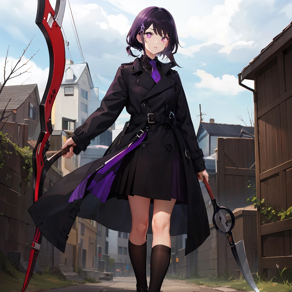 Black hair picks purple，There are purple pupils，A beautiful girl in a trench coat，Scythe in hand