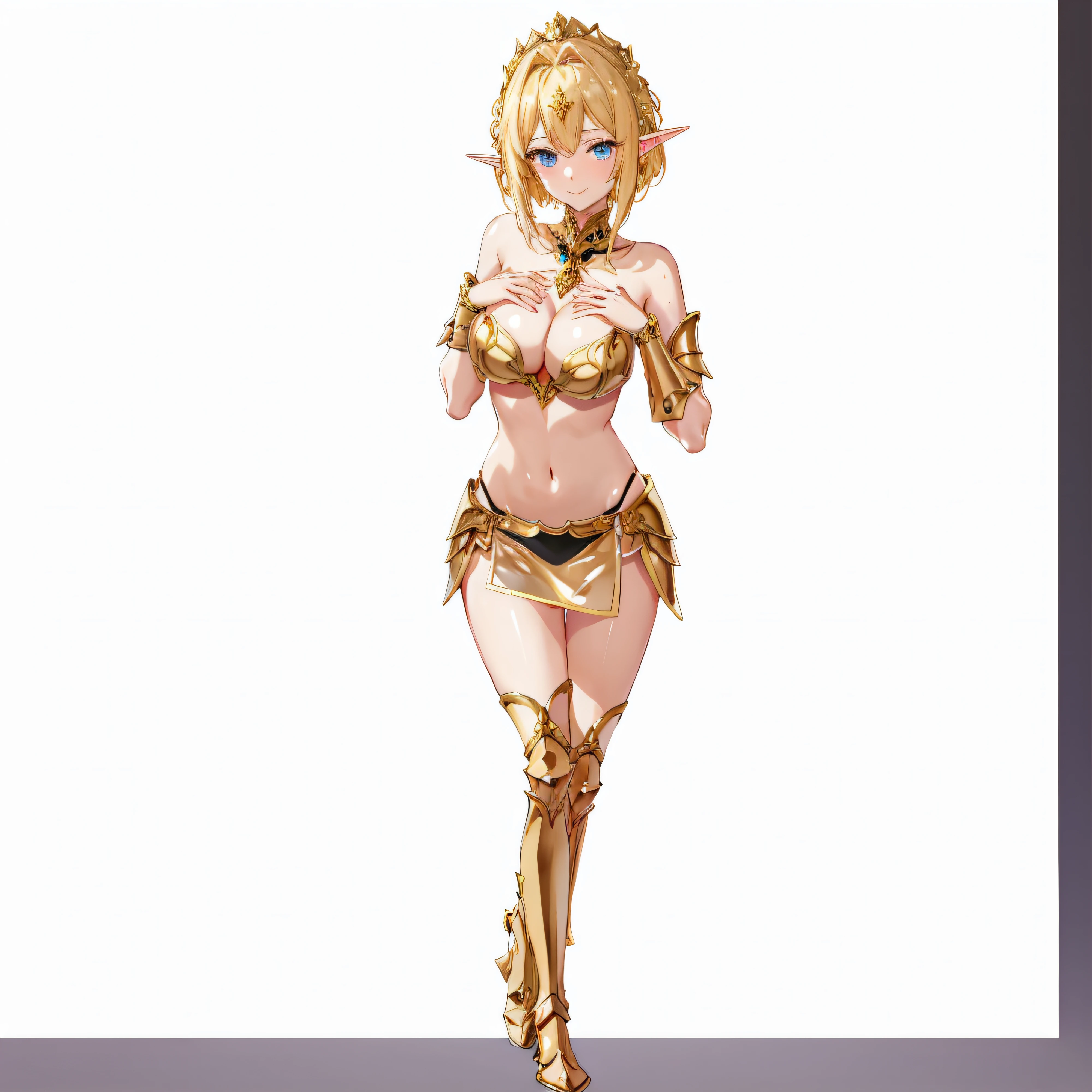 Full body like、sharp、a smile、Very slender、Anime girl with blonde hair and gold armor posing naked、anime girl with a very big breast and a very big breast、Elven Girl、anime goddess、Perfect Style、The fleshy feeling of whip、a blond、Blue eyes、alluring elf princess knight、Very open cleavage、oppai proportions、(Exposed seductive attractive cleavage:1.3)、Lower breast、You can almost see the areola、Very thin skirt、Skirt with skimpy、Sheer skirt、Wet sheer skirt、Ultra-thin skirt、Ecchi anime style、Glittering golden armor、Angel Smile、angelic golden armor、Glamorous bikini armor、extremely detailed goddess shot、finely detail、Beautiful fingers、Gold hair ornament、Gold bangles、Gold ankles、Gold Long Boots、Girl in armor、Sexy body、Emphasizes cleavage、Black panties