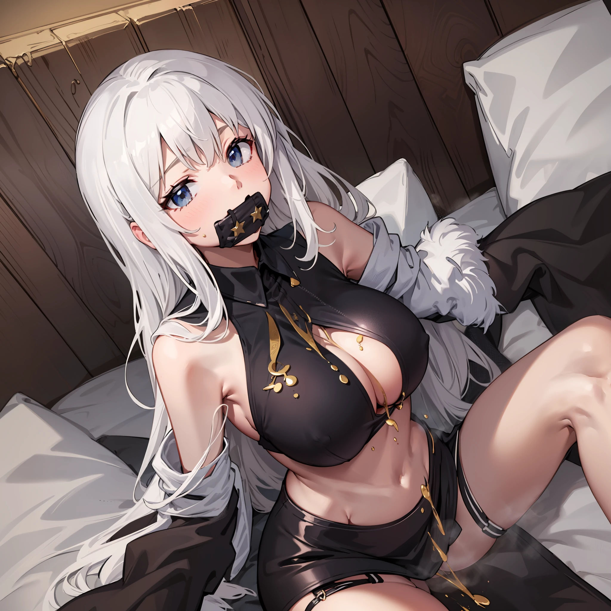 huge tit,The chest is tied,Lie down in bed,white shirt,black short skirt,Black tie,Pee,The mouth is gagged,Bare chest,White hair。hyper HD,Highest high resolution,black lence stockings,high-heels,The best stunner