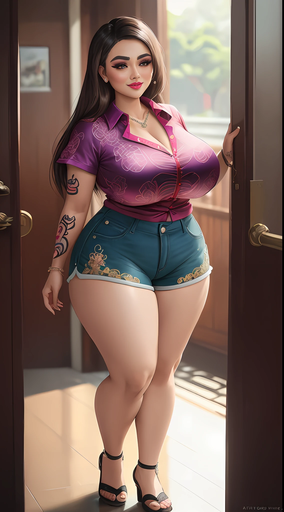 (masterpiece photography of a solo:1.2) (full body) alluring sexy curvy Sundanese Supermodel Wina Dana Riniy warrier walking in style on Bandung street, curvy, voluptuous, busty, thick, big breast, long breasts, sexy, exotics, (wearing Blingy jewel encrusted sexy shirt & embroidered shorts:1.3). hip hop energy, maximalism, (heavily tattooed:1.3), (sundanese makeup & jewelry:1.2) long brown hair with highlights,, vivacious, lustful glance, exhilarated (beautiful detailed eyes:1.1) , (flirty bright smile:1.2), blingy shopping district,(intense dramatic light:1.4), backlit, light rays, highly detailed, trending on artstation, paint splashes, rich colour, dazzling lights all around, (perfect brunette hairstyles), abstract portrait, by Atey Ghailan