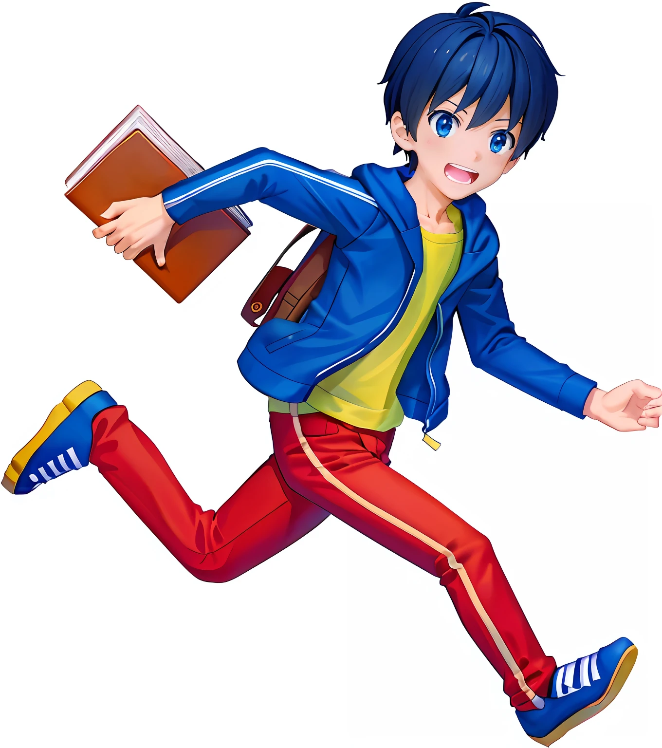 Cartoon boy running with book and backpack, shounen jump, Anime boy running, running pose, The background is clean，Red top，Blue pants，