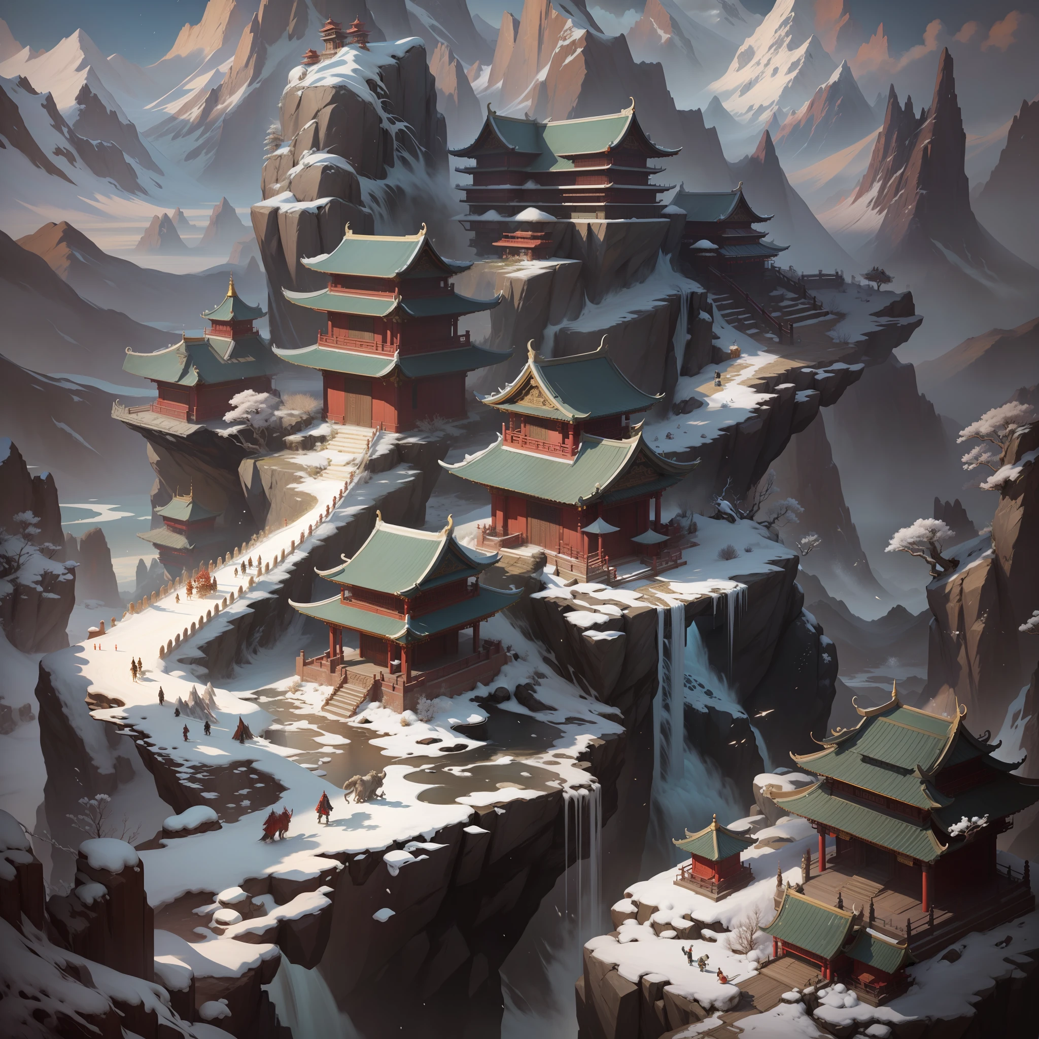Conceptual scenes,Sky Island,snow mountains,dream magical,Chinese style buildings,Martial arts fighting,Mountains and seas through sacred beasts,National style,Inspired by Wu Junda,inspired by Ruan Jia,Game Meixuan,concept-art,超高分辨率, high qulity