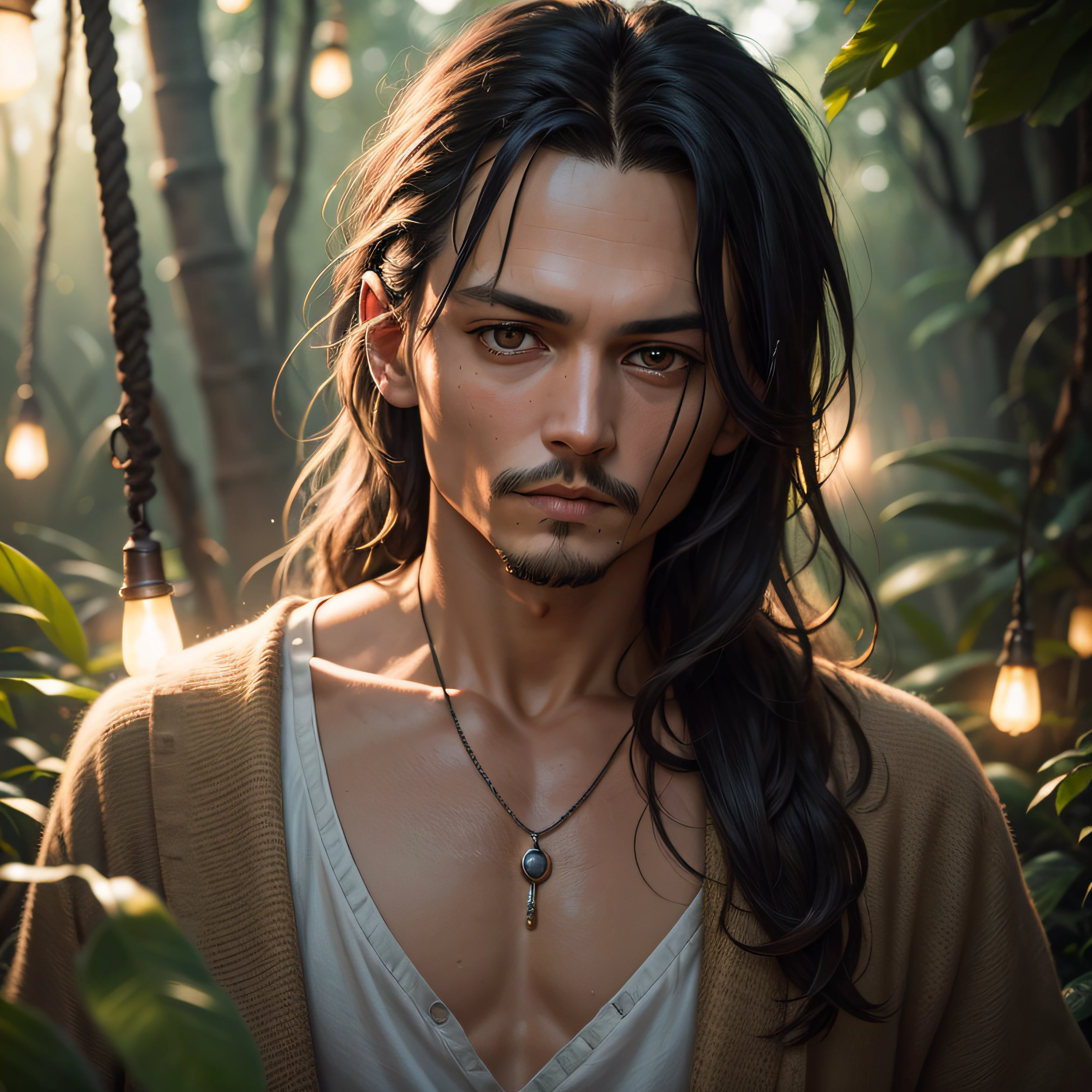 Masterpiece, Johnny Depp Walks Through the Jungle (Night of Fireflies), (High Detail: 1 1), Rough Face, Natural Skin, High Quality, NSFW, Beautiful Eyes, (Detailed Face and Eyes), (Face :1 2), noise, extra, real photo, PSD, light film photography, sharp focus, contrast lighting, detailed skin, high resolution 8k, crazy detail, realistic, professional photography, 8k UHD, DSLR, soft light , high quality, film grain, Fujifilm XT3