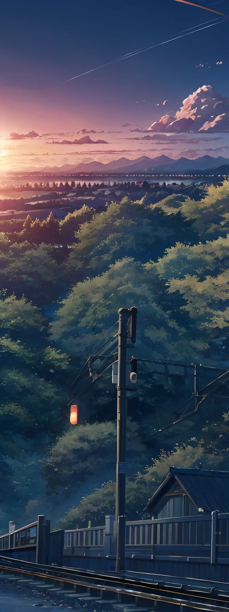 Anime yellow train crossing track in sky background, beautiful and harmonious scene, Japanese countryside , exquisite animation, rich details (width is 672), high quality, clarity 4k, artistic 4k wallpaper, stunning anime landscape, 8k art wallpaper.(summer:1.2)