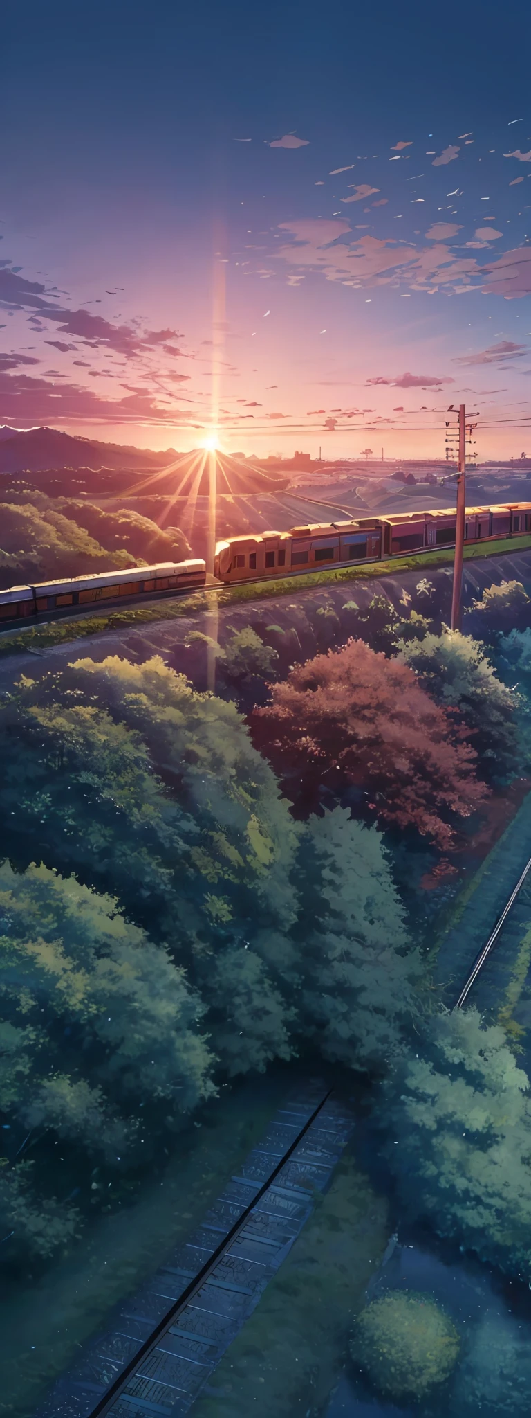 Anime yellow train crossing track in sky background, beautiful and harmonious scene, Japanese countryside , exquisite animation, rich details (width is 672), high quality, clarity 4k, artistic 4k wallpaper, stunning anime landscape, 8k art wallpaper.(summer:1.2)