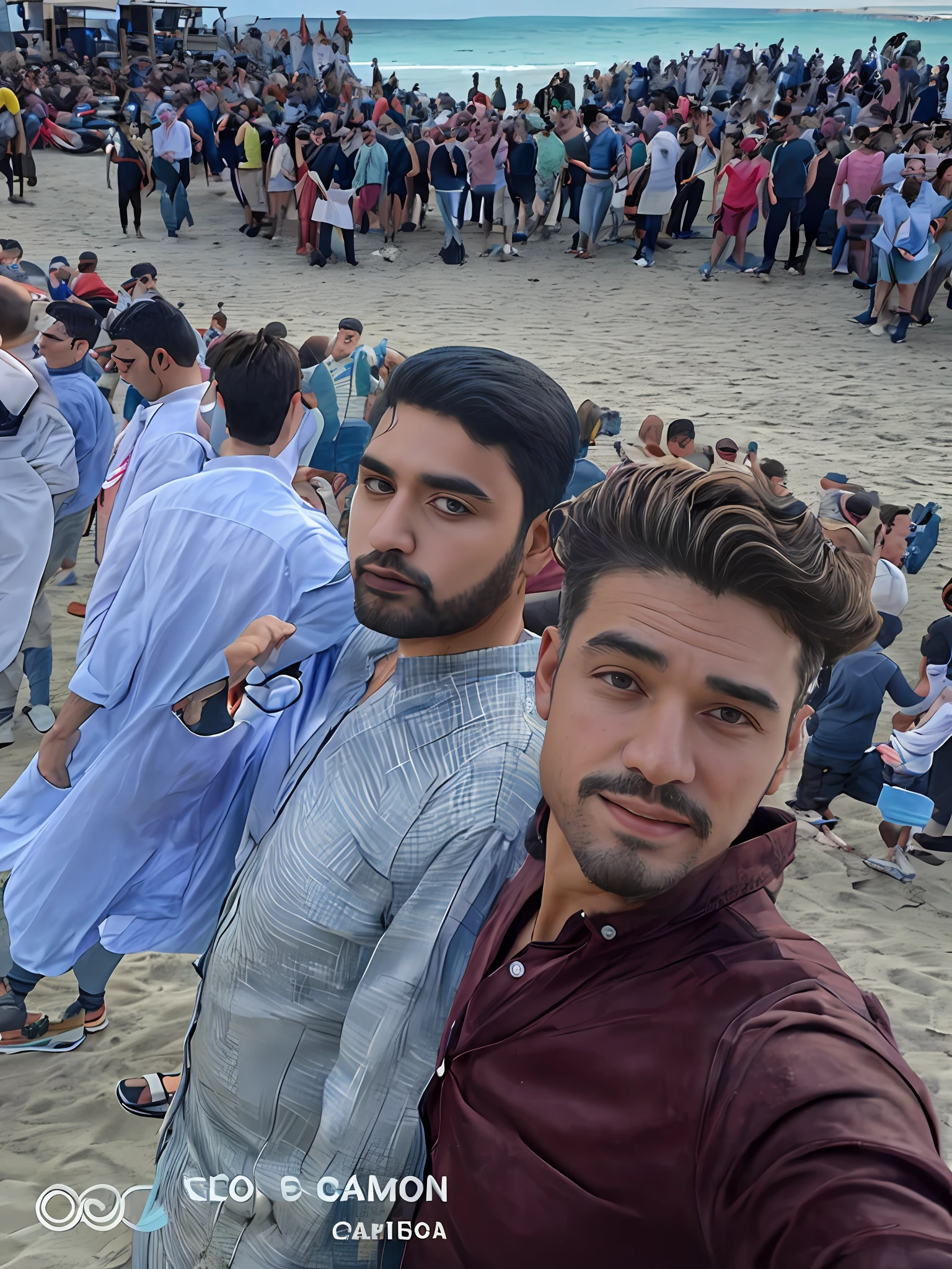 Two men standing on a beach with croud, don't change the face