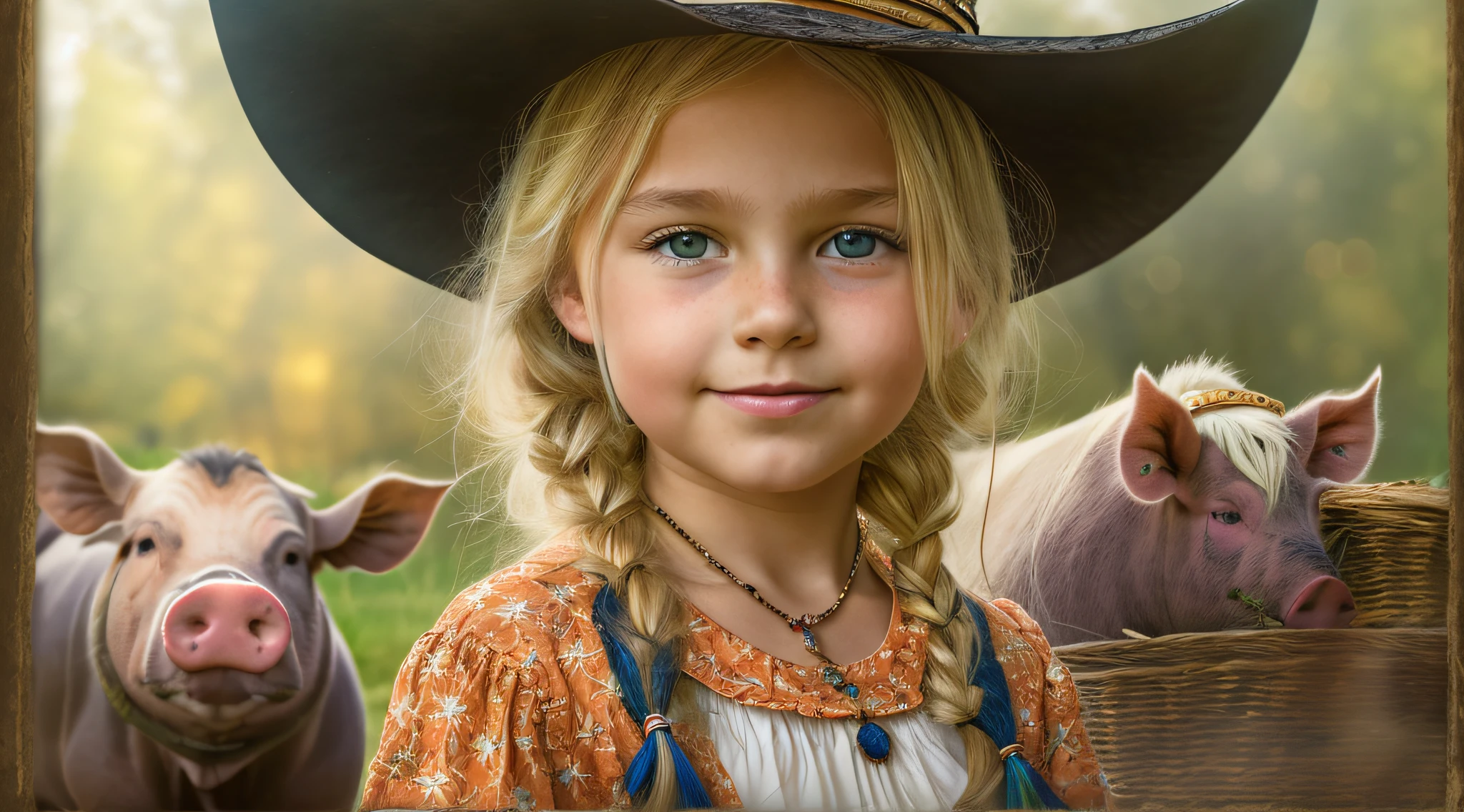 There is a BLONDE CHILD GIRL , wearing a hat and holding a bunch of bananas, beautiful cowboy witch, cowgirl, portrait of a young witch, cow-girl, cowgirl, with straw hat, portrait of a young witch, Masha Krasnova, with pig's tails.