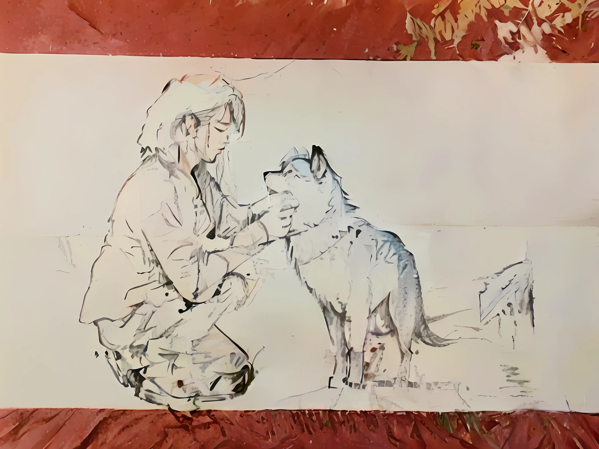 Drawing of man and dog on red background, author:Middle Bokuhn, author:Yokoyama Grand View, author:Uesaka Seka, drawn on paper, wolf companion, author:Toshiei Nishida, author:Nakai Tsubasa, Anime Paintings, inspired by Tetsugoro Yorozu, author:Rei Kamoi, (ink mark)