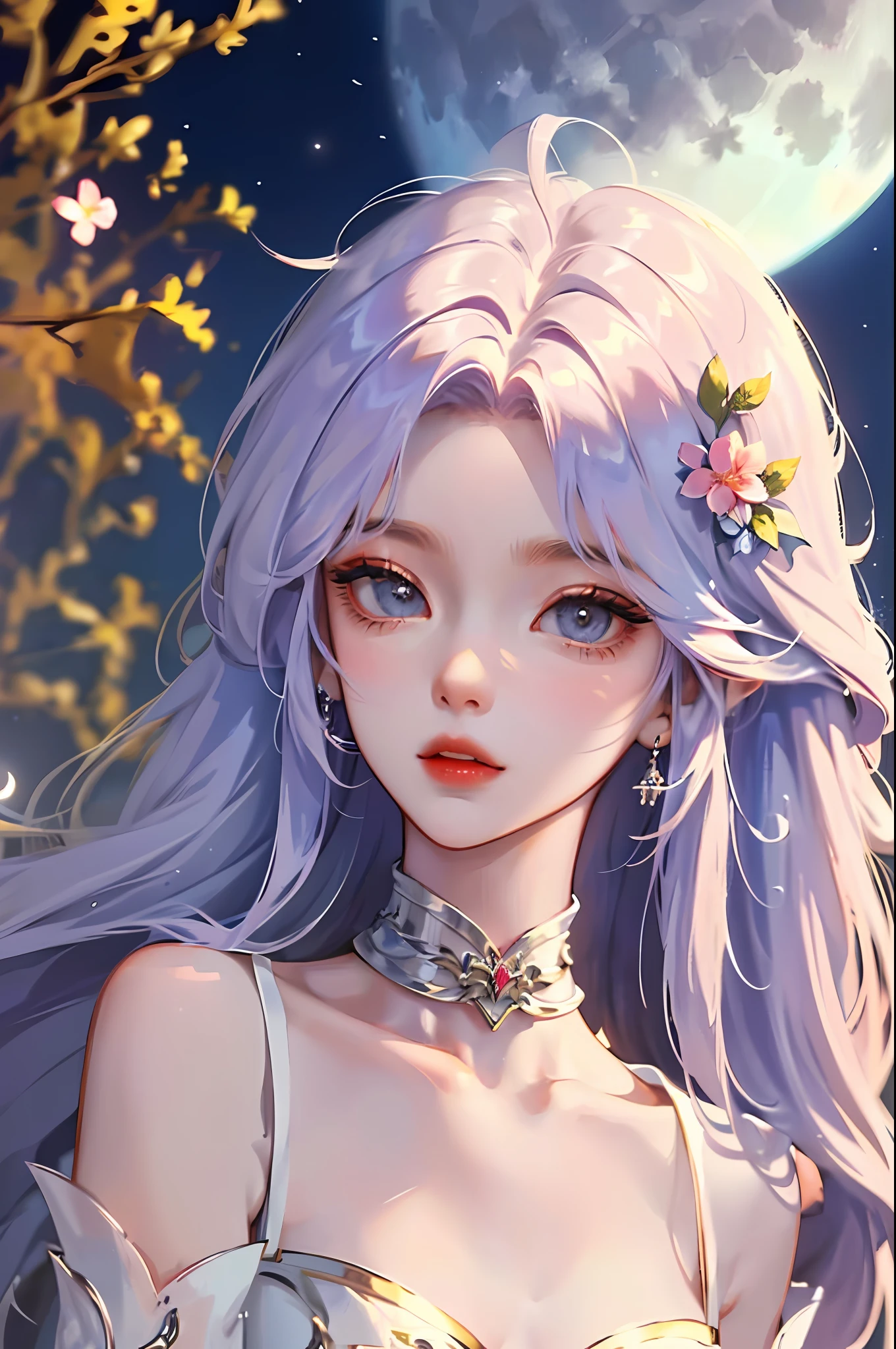 (extremely detailed CG unity 8k wallpaper, masterpiece, best quality, ultra-detailed), (an extremely delicate and beautiful woman, with bright eyes and a gaze fixed off into the distance, her skin as smooth as jade, even a simple task like washing clothes cannot hide her fresh and delicate temperament, like a fairy fallen from the heavens, with small flowers adorning her temples adding a hint of spirit about her, beside her the bright moon, unable to compete with her beauty).