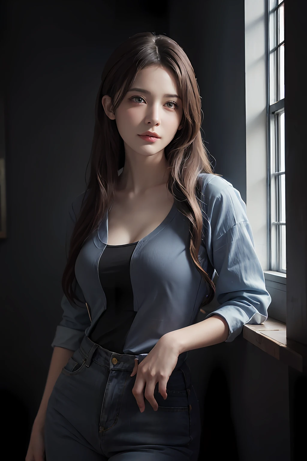 Surrealist female portraits by David Hockney and Alphonse Mucha, fantasy art, photorealism, dynamic lighting, artstation, poster, volumetric lighting, very detailed faces, 4k, award-winning, 2girl, in the dark, deep shadows, understated, denim photos, (formal: 1.4), long hair, gray hair,