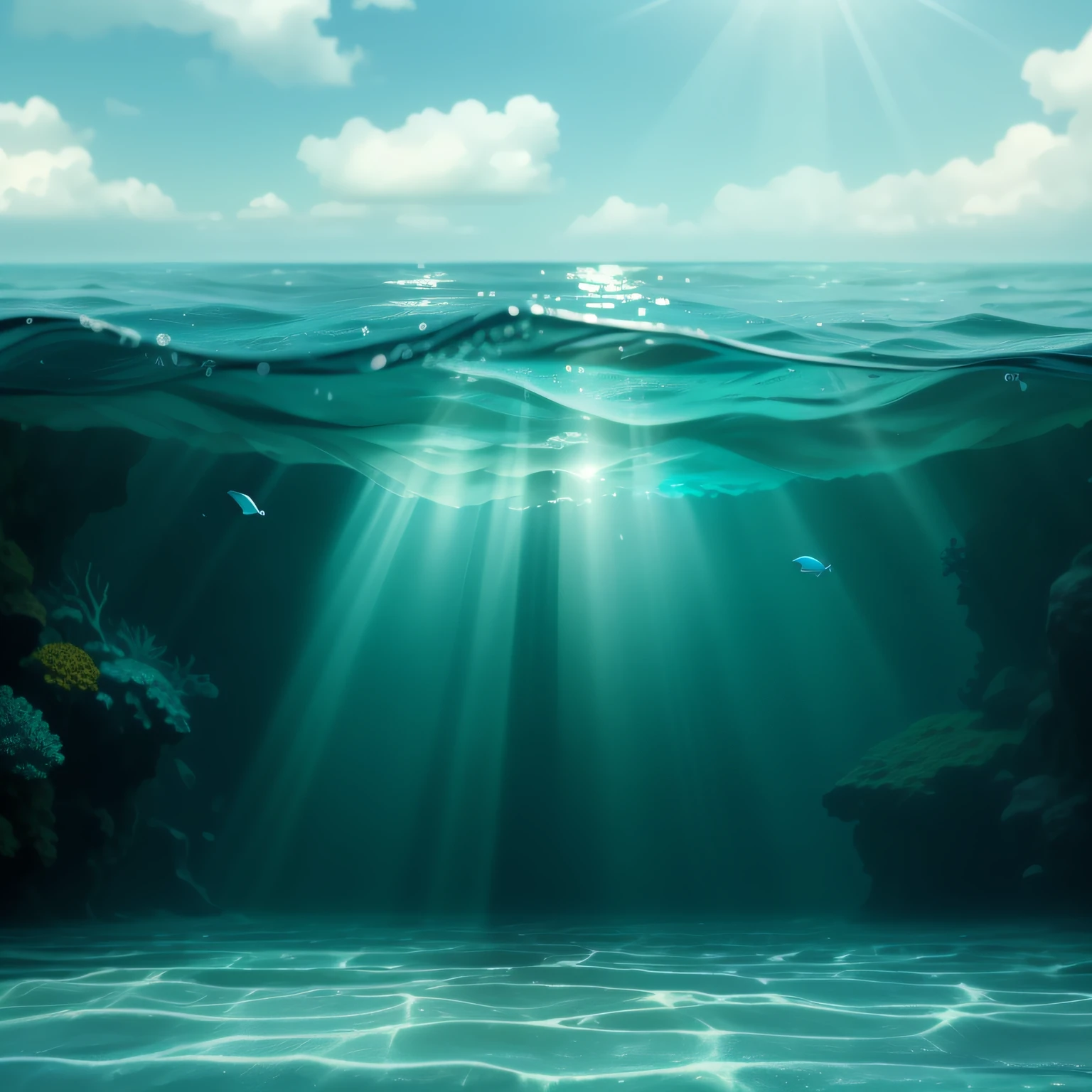 Underwater world,Sunlight shines through the seabed,dream magical,coloured with lots of colour,Meticulous aquatic plants,Schools of fish swimming,Transparent seaweed,Beautiful corals,A gentle breeze blows across the water,Light and shadow interlace,Fine touch,Peaceful and harmonious。 --auto