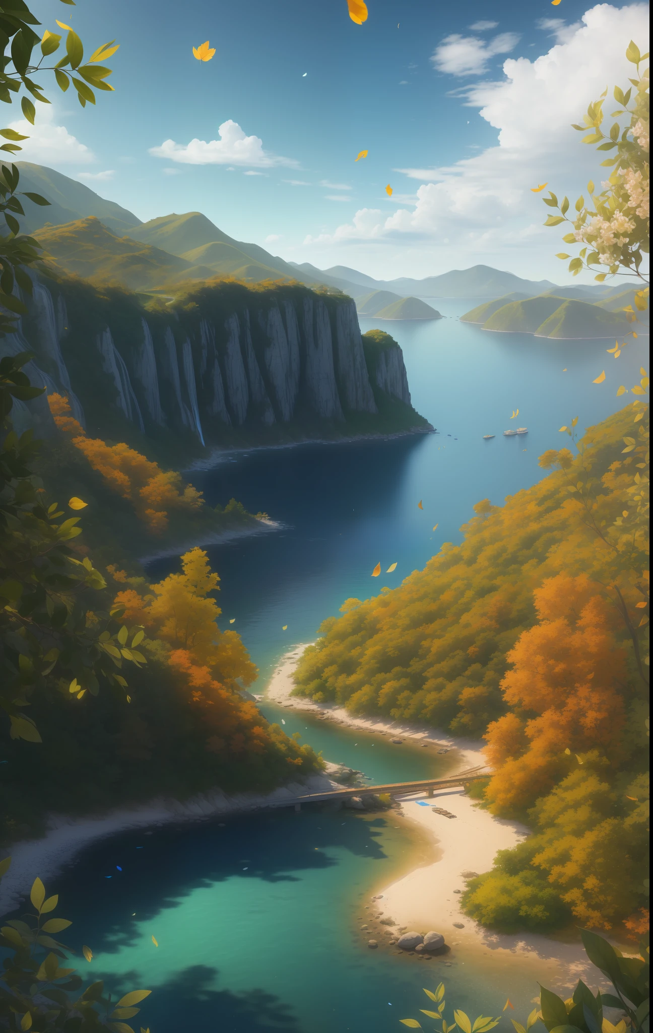 Masterpiece, best quality, (very detailed CG unity 8k wallpaper) (best quality), (best illustration), (best shadows) Nature', blue sea,delicate leaves petals of various colors falling in the air light Tracking, super detailed --v6