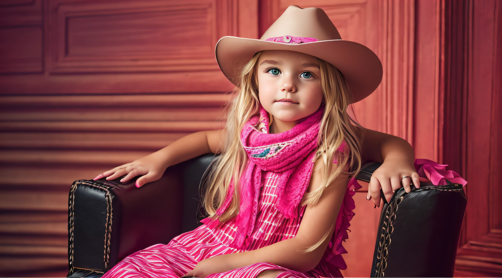 BLONDE CHILD girl,wearing a pink hat and scarf sitting on a black leather chair, photo from a promotional session, promotional photoshoot, young girl, beautiful young model, pink cowboy hat, young ager, photo shoot, photoshoot, inspired by Toros Roslin, red dress and hat, modeling essay, young and beautiful girl, studio portrait photography, photoshoot solo