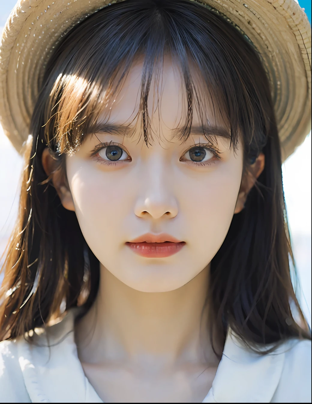 best quality, masterpiece, ultra high res, (film grain:1.4),digital photography, bangs,cinematic lighting,(Fujicolor:1.2) Portraits,
close-ups of faces,Clear pore,1girl, looking at viewer,blue background (photorealistic:1.2)