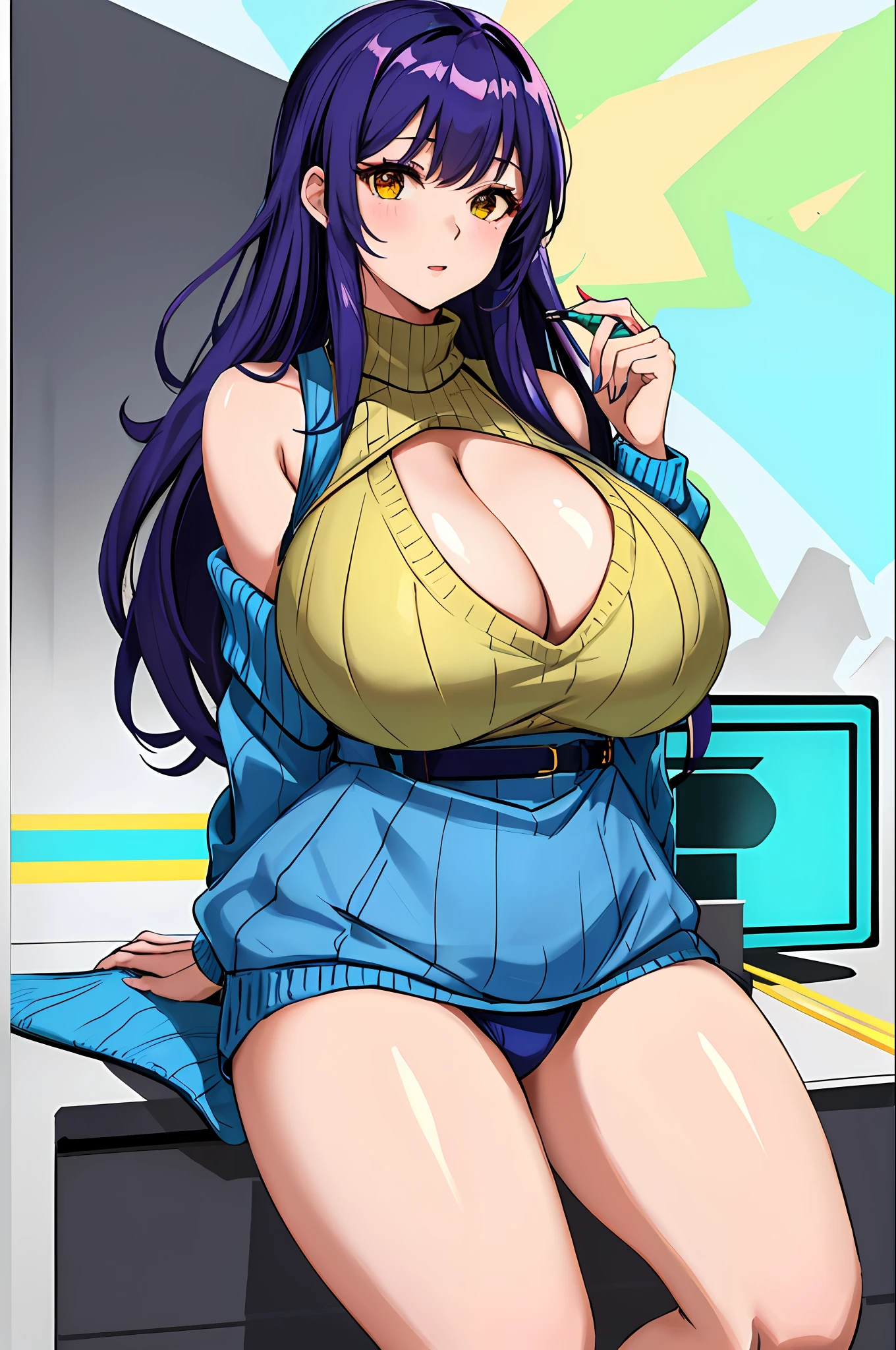 woman， 1girll， 独奏， gigantic cleavage breasts， upper legs， neon palette， High-neck sleeveless sweater， hason， Sweaters， 1girll， 详细的脸， Hang in the back， illustrate， TTPT-FC ，