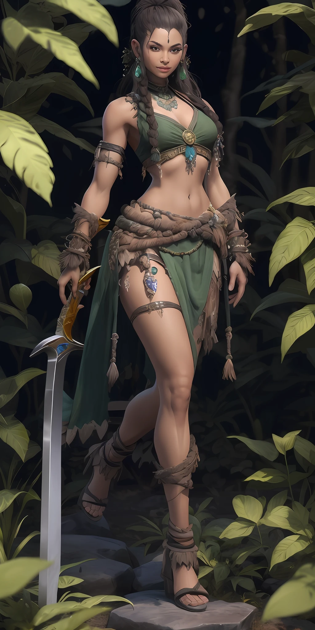 (1 Beautiful girl in the North)，Full body like，Stone Age，Primitive barbarian style，long leges，Green foliage decoration，Holding herbs，Full body standing painting，dynamicposes，highly details eye，详细的脸，Nature, Black color hair, Bones make weapons，white backgrounid，character concept, character art，tmasterpiece，best qualtiy，Best resolution，8K