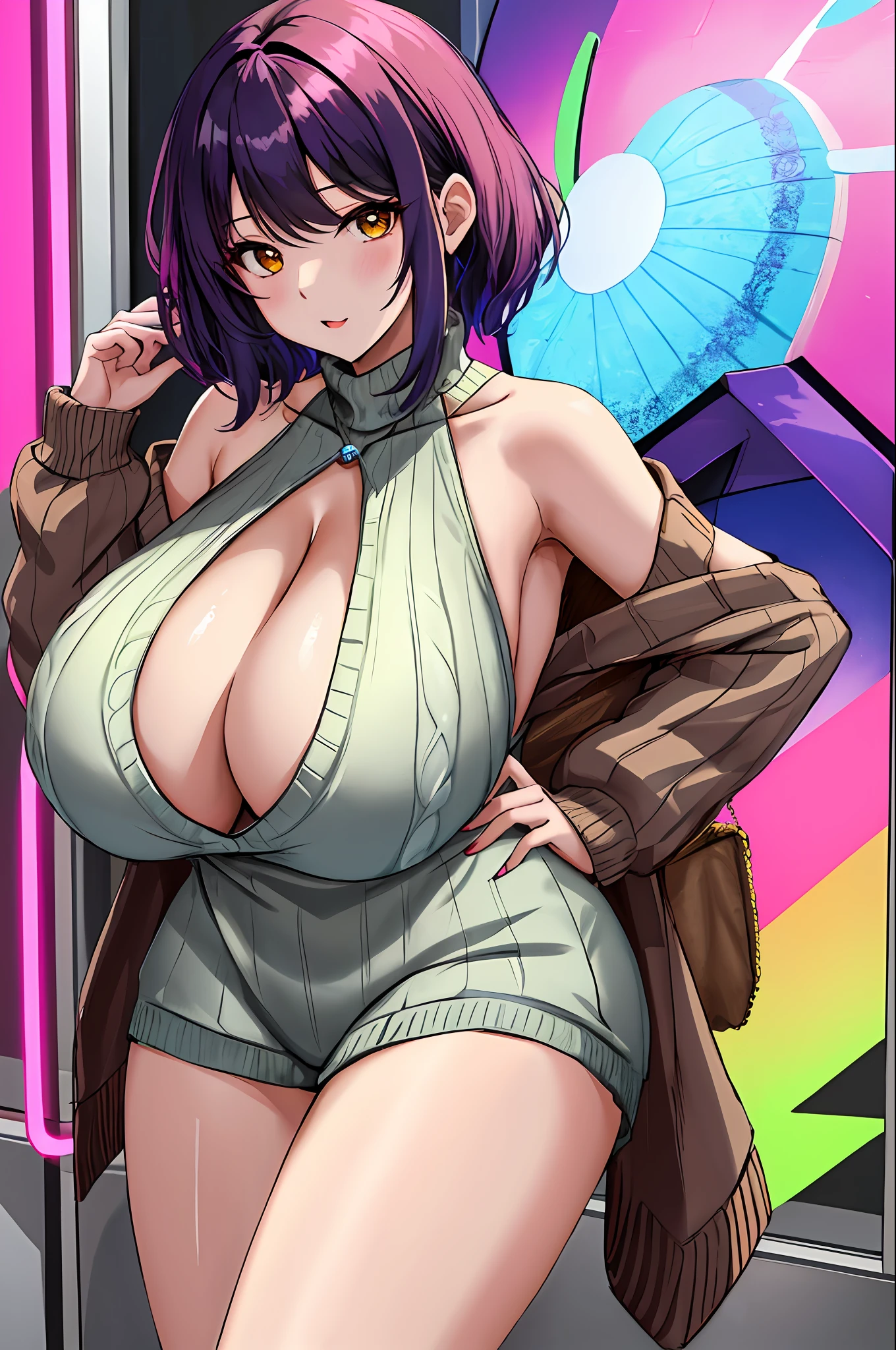 woman， 1girll， 独奏， gigantic cleavage breasts， upper legs， neon palette， High-neck sleeveless sweater， hason， Sweaters， 1girll， 详细的脸， Hang in the back， illustrate， TTPT-FC ，