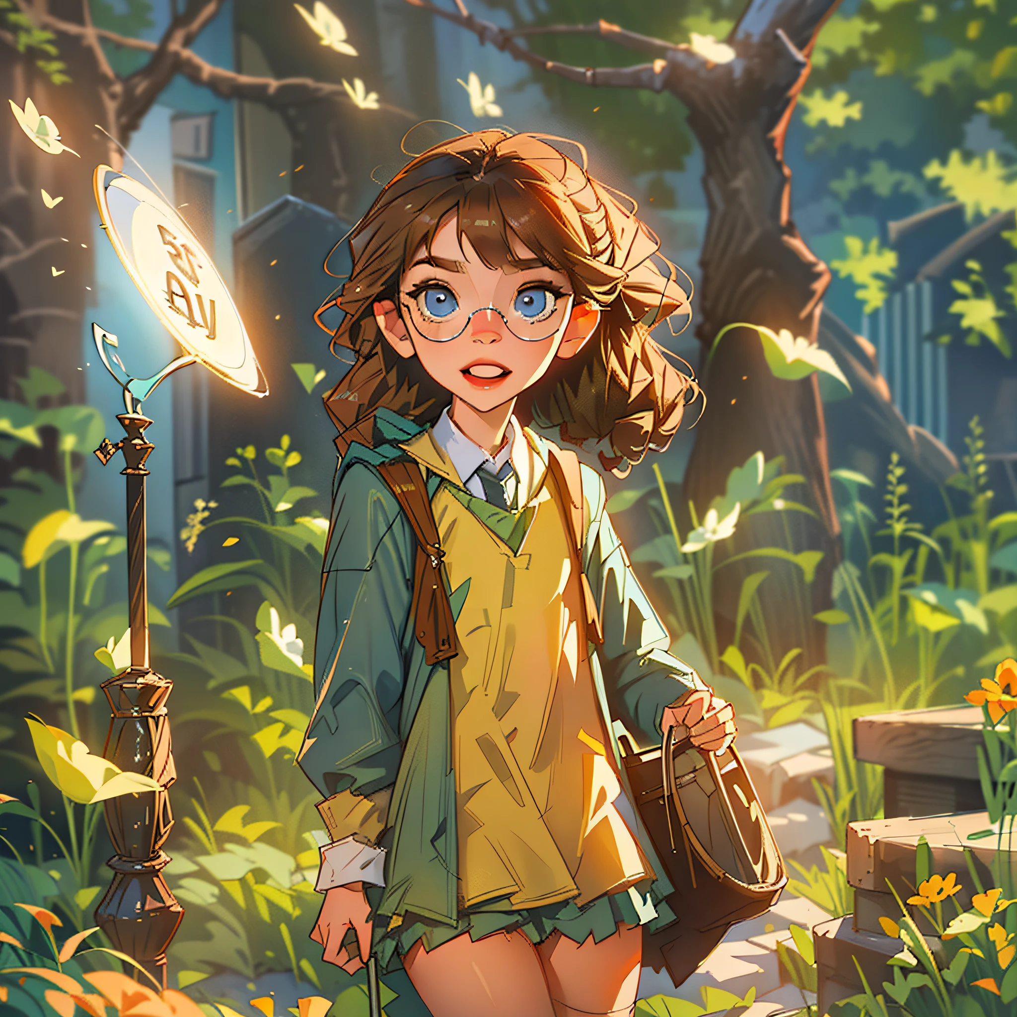 1 A girl,Wearing Hogwarts school uniforms,brunette color hair,Fluffy wavy hairstyle,with a round face,Wear garden glasses,Light blue eyes,Playing Quidditch,Fine,cheerful,rays of sunshine,vivaciousness,perfect detail,best qualtiy,Perfect light,tmasterpiece
