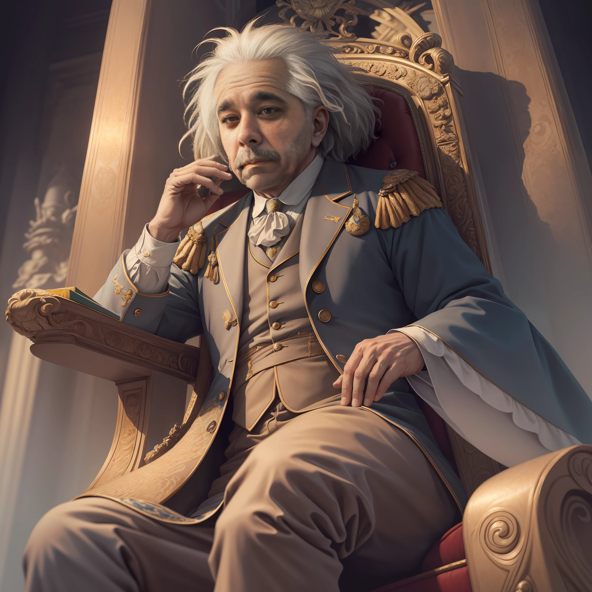 "An ultra-detailed and beautiful illustration of Albert Einstein as a majestic king, sitting regally on his throne with impeccable color grading."