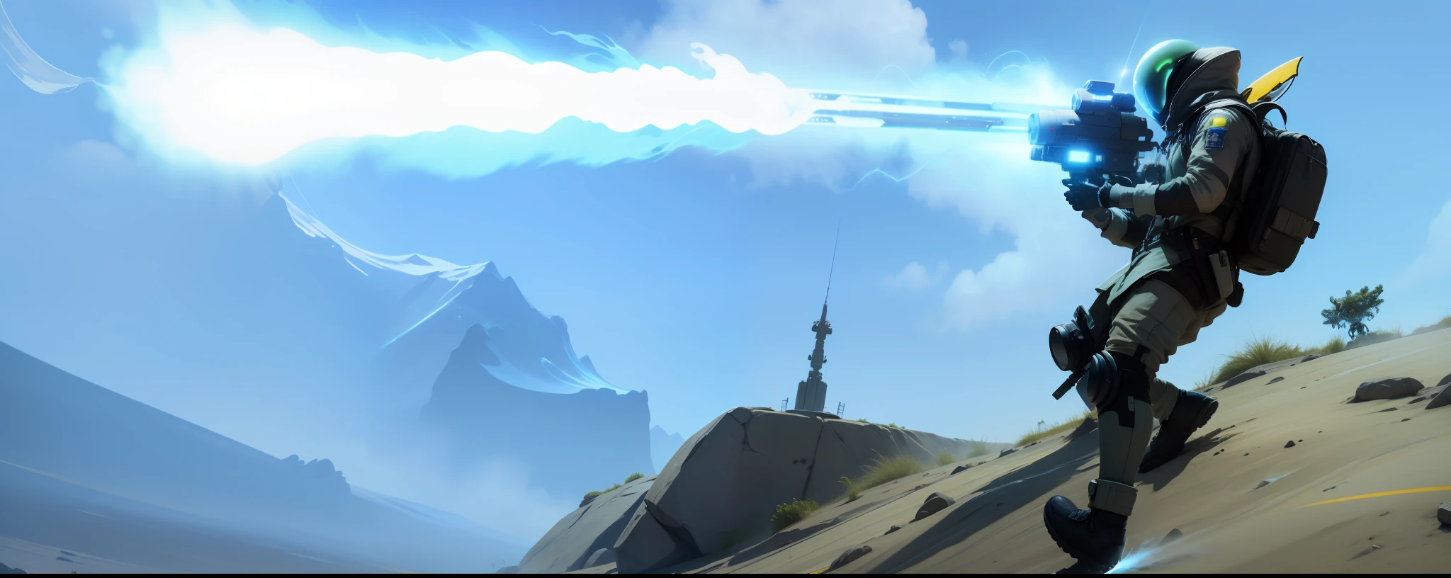 An alien possesses a plasma weapon,Emits blue high-temperature plasma,Directed at the enemy。