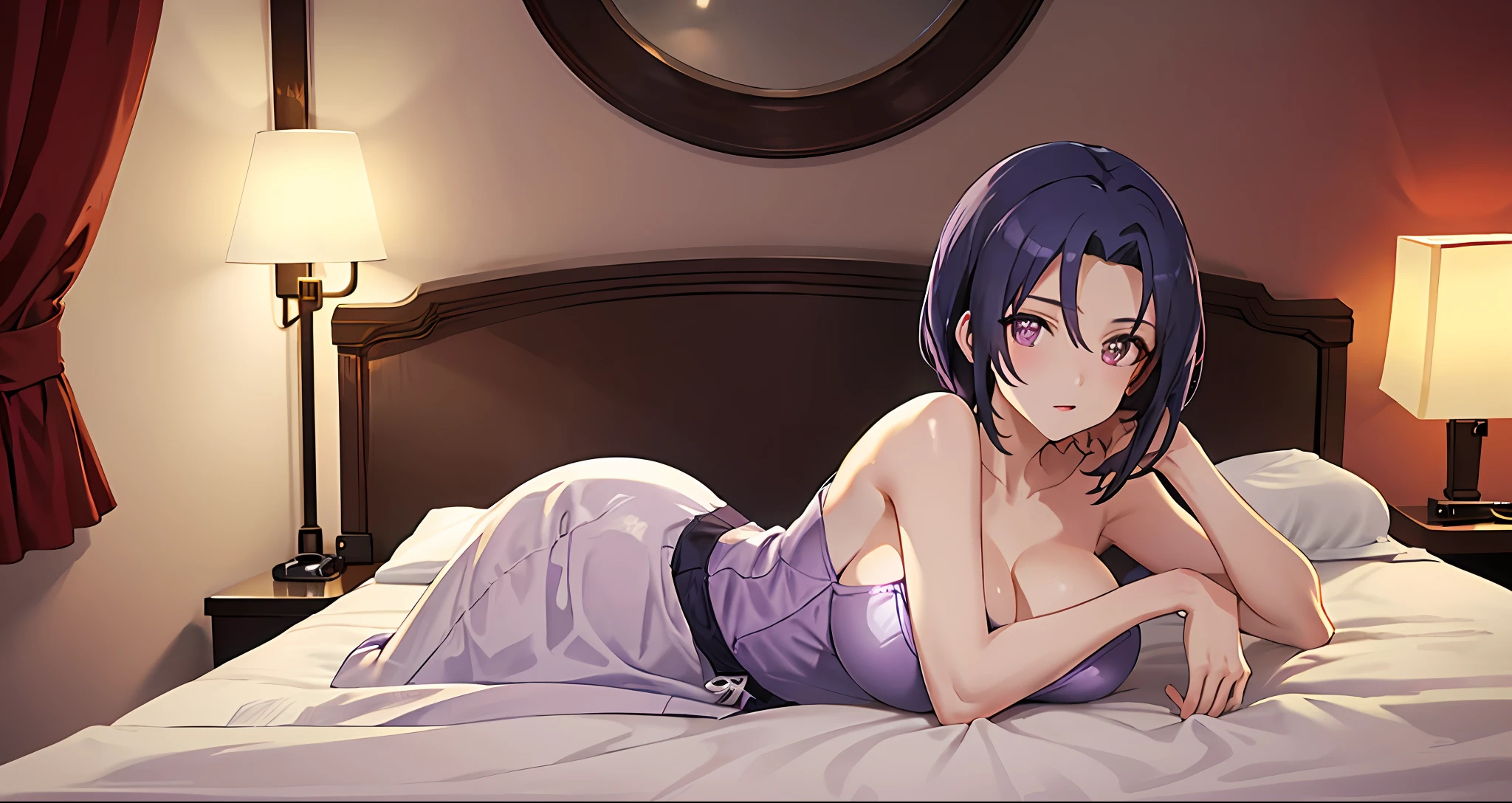 masutepiece, Best Quality, Detailed eyes, Vivid Color, Detailed skin, 1girl in, ((Large breasts)), ((Purple eyes)), ((Cinematic Light)),
Gorgeous bedroom, bed, (((lying on bed))), ((One light in the room)), ((((((Hotel room at night)))))),