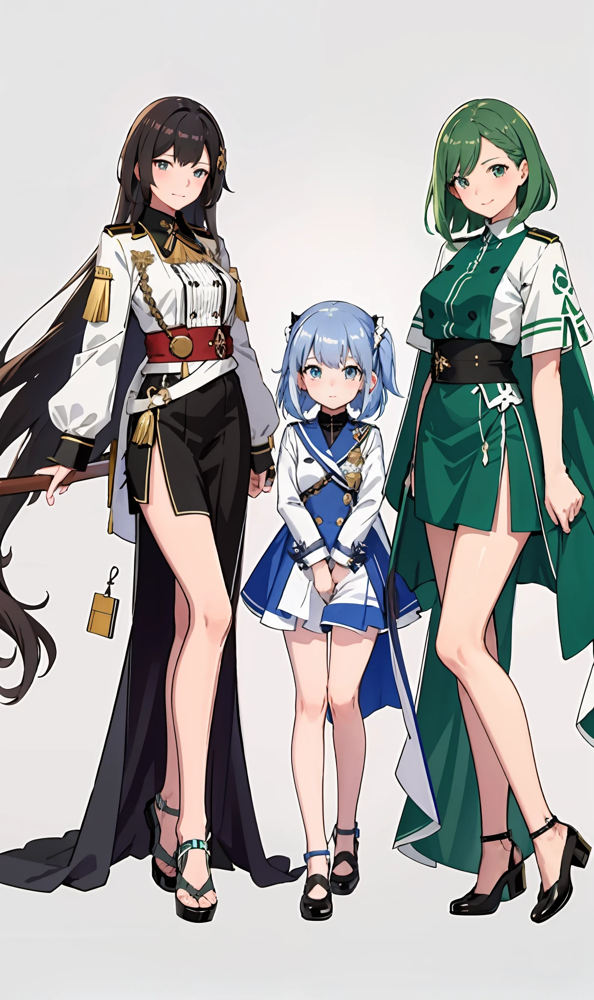 Three women dressed in green and white pose for a group photo, 《azur lane》role, Official artwork, Anime girls, Guweiz in Pixiv ArtStation, Elves, high detailed official artwork, offcial art, Pisif 3DCG, at pixiv, Pisif, Guviz, azur lane style, eechi, :: rossdraws, the original god，Holding urine，adolable，High picture quality，Big background，Inside the Royal Palace