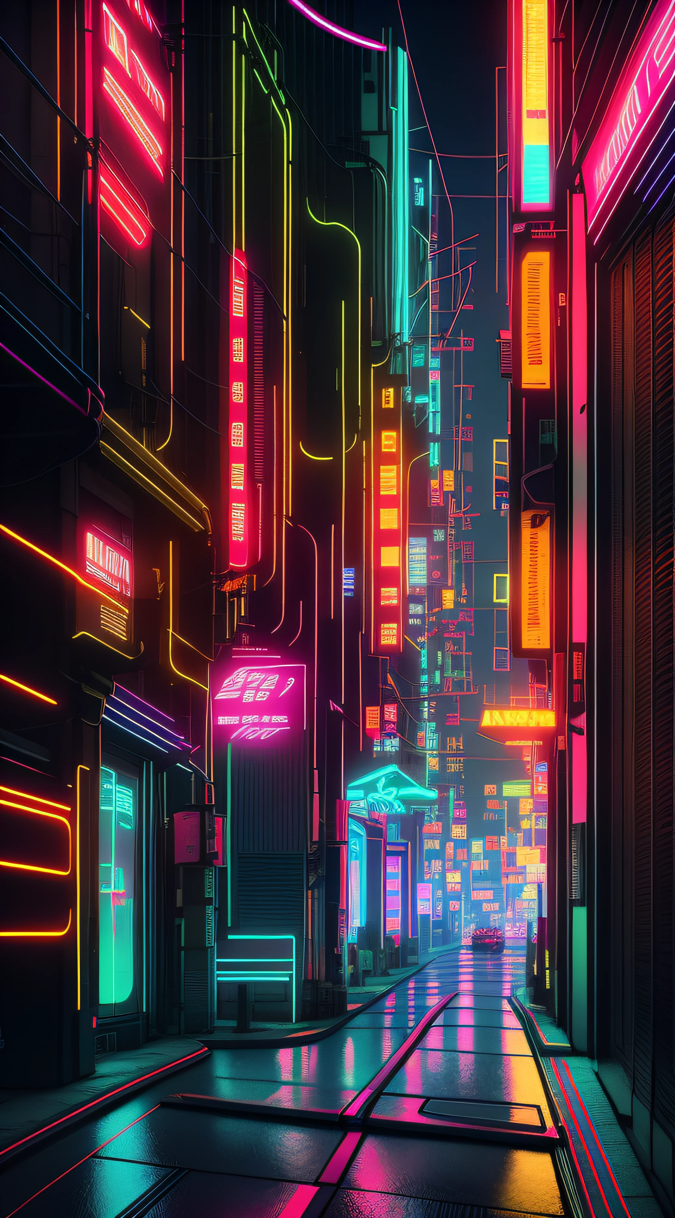 Neon City Street with neon signs and buildings at night, Rua Cyberpunk, rua futurista, Beco Cyberpunk, Cyberpunk Luzes Neon, rua noturna cyberpunk, Neon Cyberpunk City detalhado, estilo de arte cyberpunk, rua da cidade cyberpunk, cyberpunk street at night, neon cyberpunk, neon city, cyberpunk streets at night, Sci-Fi Cyberpunk Rua da Cidade, neon cyberpunk, rua futurista da cidade, Rua Neon