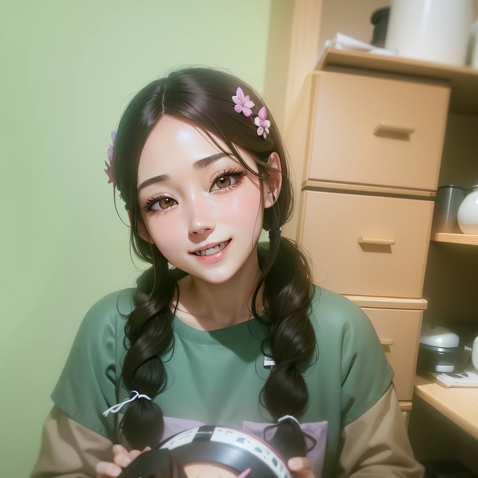 brunette color hair、style of anime、long eyelasher、Solid round eyes、Light smile、Ear blush、fang、ultra-realistic realism、atmosphric perspective、8k、super detailing、precise， Best quality at best --auto