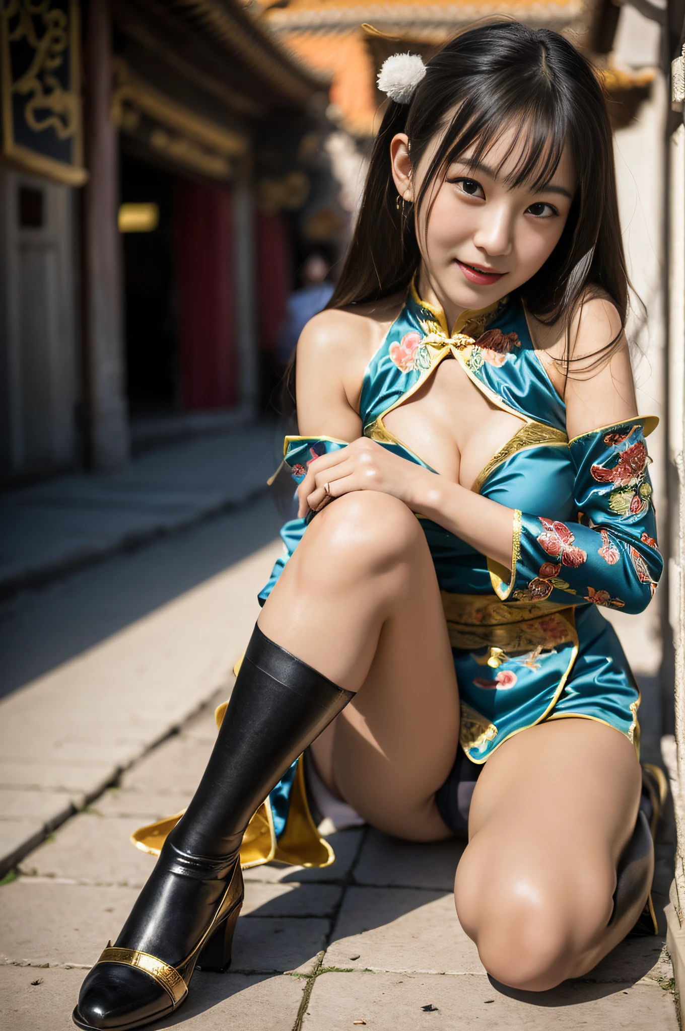 (((long Traditional Chinese costumes))),(((view full body))),(((glamorous body shape))),(((bare inner thigh)))、(((show side breast))),(((detached sleeves))),(((over-kneehighs))),ulzzang-6500-v1.1, (Raw photo:1.2), (Photorealsitic:1.4), a beautiful detailed girl, extremely detailed eye and face, beautiful detailed eyes, ultra-detailed, High resolution, top-quality, masterpiece, ighly detailed, 8k wallpaper, magnifica, finely detail, top-quality, Light on the face,电影灯光,1girl in,(Forbidden City during the Ming Dynasty),Beautiful eyes,a smile,Opening Mouth