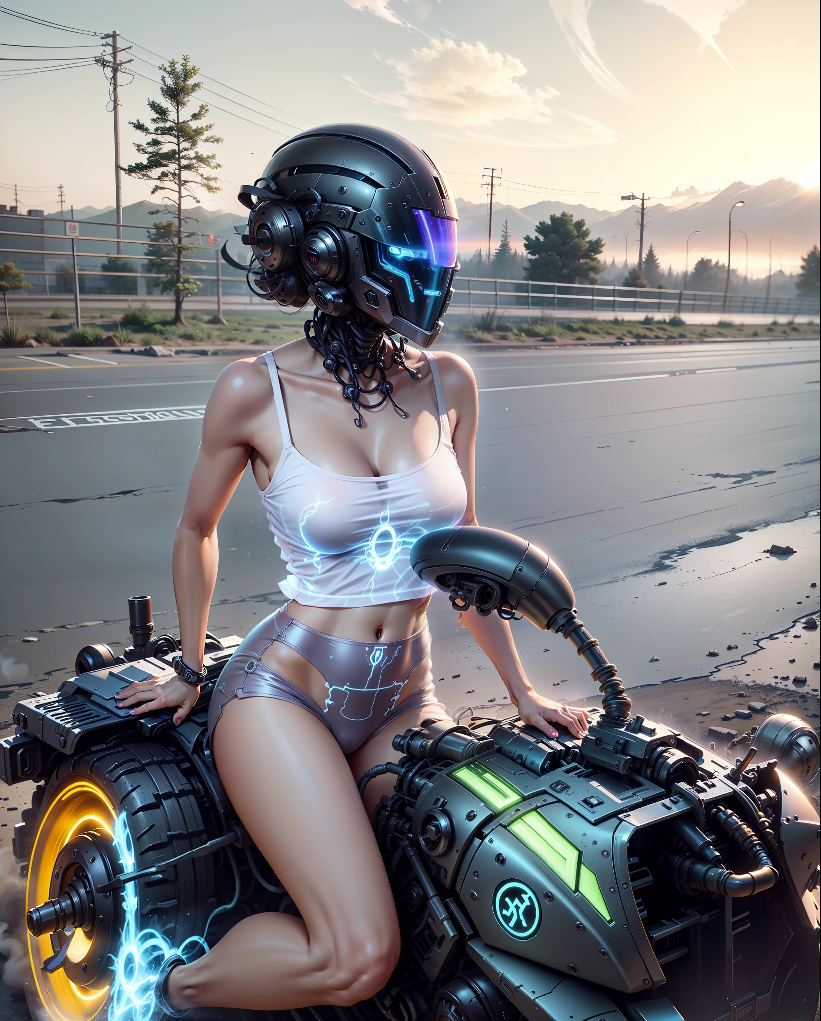 ((Mejor calidad)), ((obra maestra)), (muy detallado: 1.3), 3D, Shitu-mecha, hermosas mujeres cyberpunk con su mecha en las ruinas de la ciudad de una guerra olvidada, ancient technology, HDR (High Dymanic Range), trazado de rayos, NVIDIA RTX, superresolución, irreal 5, Sub-Surface Scatterring, texturizado PBR, posprocesamiento, Anisotropic filtering, profundidad de campo, Maximum clarity and sharpness, texturas multicapa, mapas de albedo y especulares, sombreado de superficie, Accurate simulation of light-material interaction, proporciones perfectas, octanaje renderizado, two tone lighting, ISO bajo, balance de blancos, regla de tercios, apertura amplia, 8K RAW, Efficient Sub-Pixel, sub-pixel convolution, Luminescent Particles, Light scattering, Tyndall effect--S2 cybernetic helmet --auto