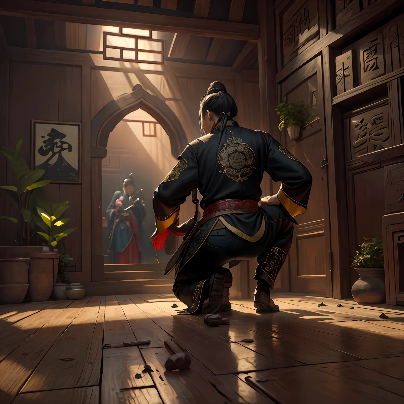 masutepiece, Highly detailed, Super realistic, 4K, 8K, Detailed background, Victorian style, (Ancient Chinese-style Hightower Room),(Ancient Chinese Assassins)、(Black clothe)、(facing back)、(Kneel down)、brightly lit room