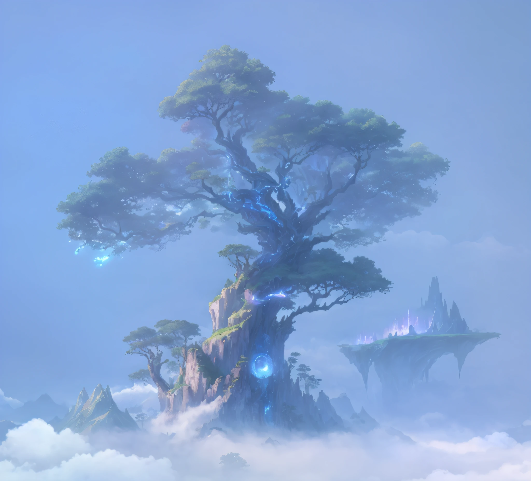 There is a tree standing in the clouds, made of tree and fantasy valley, Fantasy Tree, matte painting arcane dota pixar, Concept art wallpaper 4K, Digital 2D fantasy art, yggdrasil, ross tran. scenery background, Detailed digital 2D fantasy art, concept-art ， highly rendered, epic dreamlike fantasy landscape, fantasy render