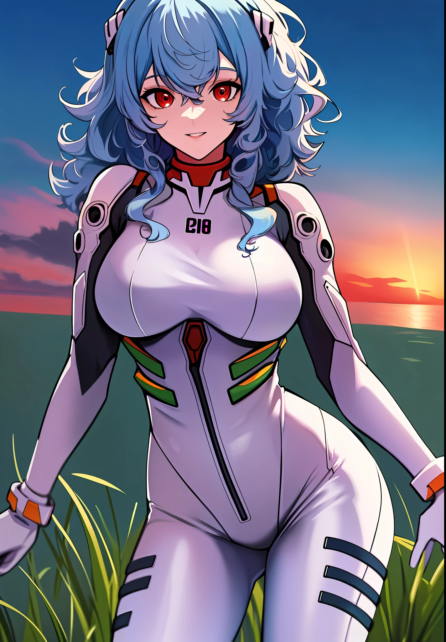 ((masterpiece)), (best quality:1.7), (detailed:1.4), (high res:1.4), 8k, (colorful:1.5), 2d, high resolution, sharped image, 4k, hd, rei_evangelion, 1girl, (((solo))), ((light blue hair)), red eyes, short hair, cleavage, ((full body)), curvy body, big breasts, cowboy shot, plugsuit, pilot suit, interface headset, hand on own thigh, white bodysuit, white pilot suit, white plugsuit, ((absurdly long hair)), field, sea, grass, ((kinky hair)), ((curly hair)),