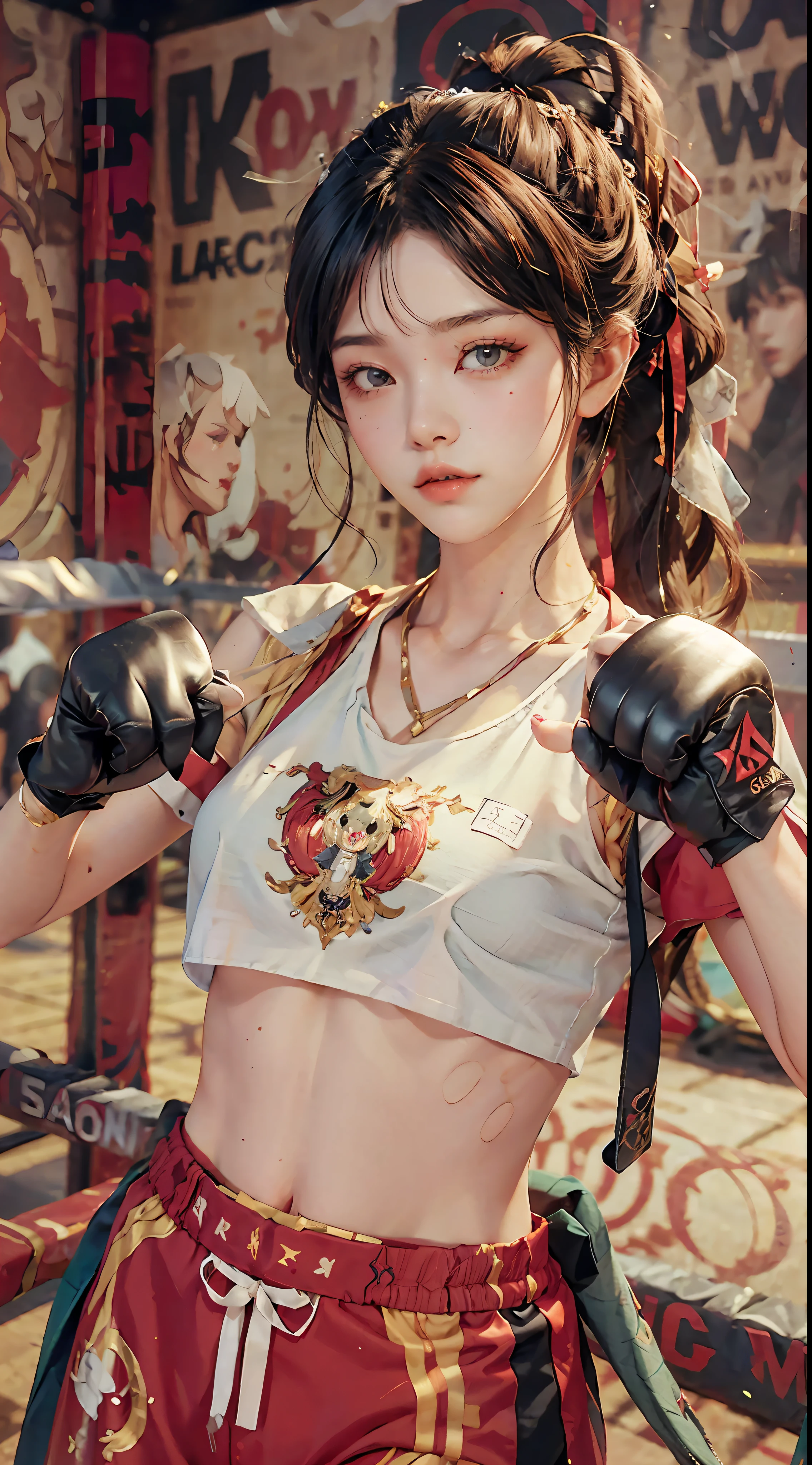 Masterpiece, top quality, (realistic, realistic: 1.4), (RAW photo: 1.2), very delicate CG Unity 8K wallpaper, very delicate beautiful, wonderful, boxing pose, oversized breasts (1.4), attention to detail, very fine, very delicate, beautiful eyes and face, beautiful delicate eyes, light on face, a girl, ponytail, bust, pe uniform short sleeve crop top t-shirt, boxing gloves, bare arms, bangs, boxing gym, boxing ring, ULZZANG-6500-v1.1