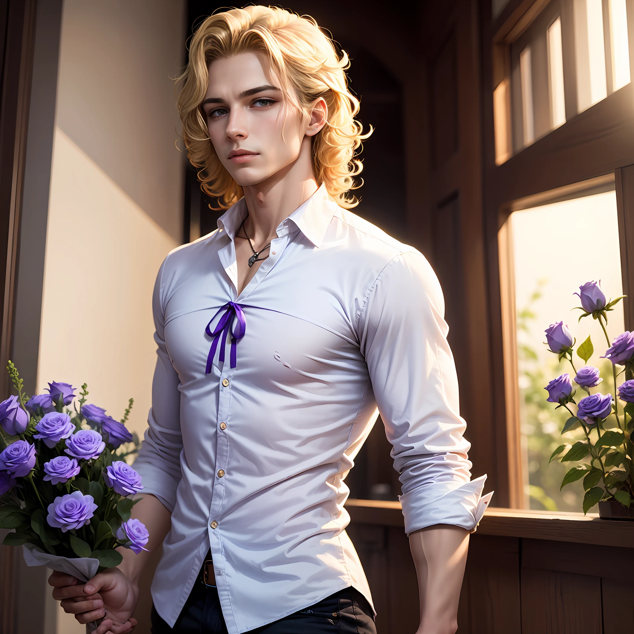 Men's blonde mid-length curly hair, purple pupils, European and American style, white shirt, purple ribbon, holding flowers and roses, warm light on the sides --auto
