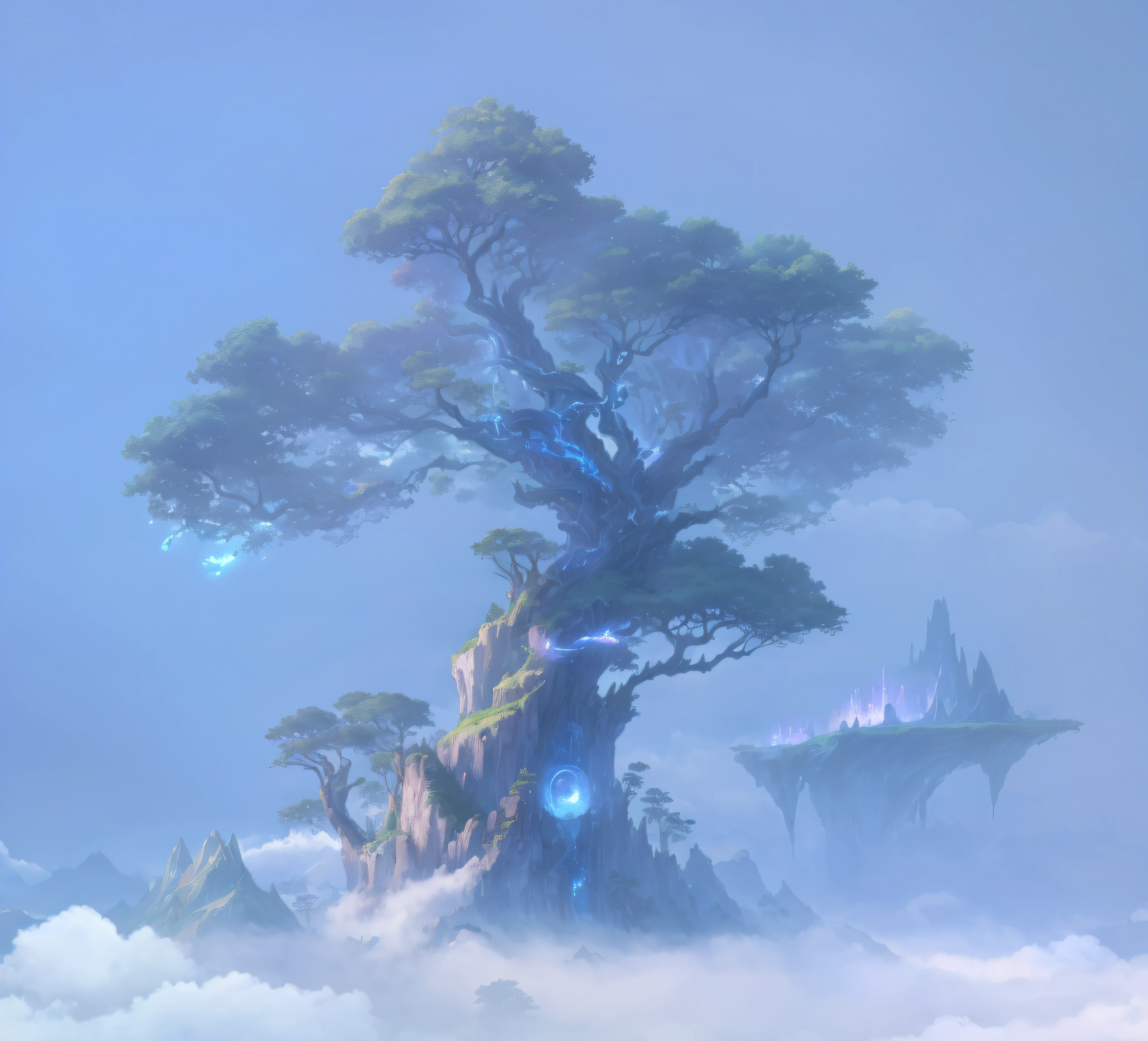 There is a tree standing in the clouds, made of tree and fantasy valley, Fantasy Tree, matte painting arcane dota pixar, Concept art wallpaper 4K, Digital 2D fantasy art, yggdrasil, ross tran. scenery background, Detailed digital 2D fantasy art, concept-art , highly rendered, epic dreamlike fantasy landscape, fantasy render