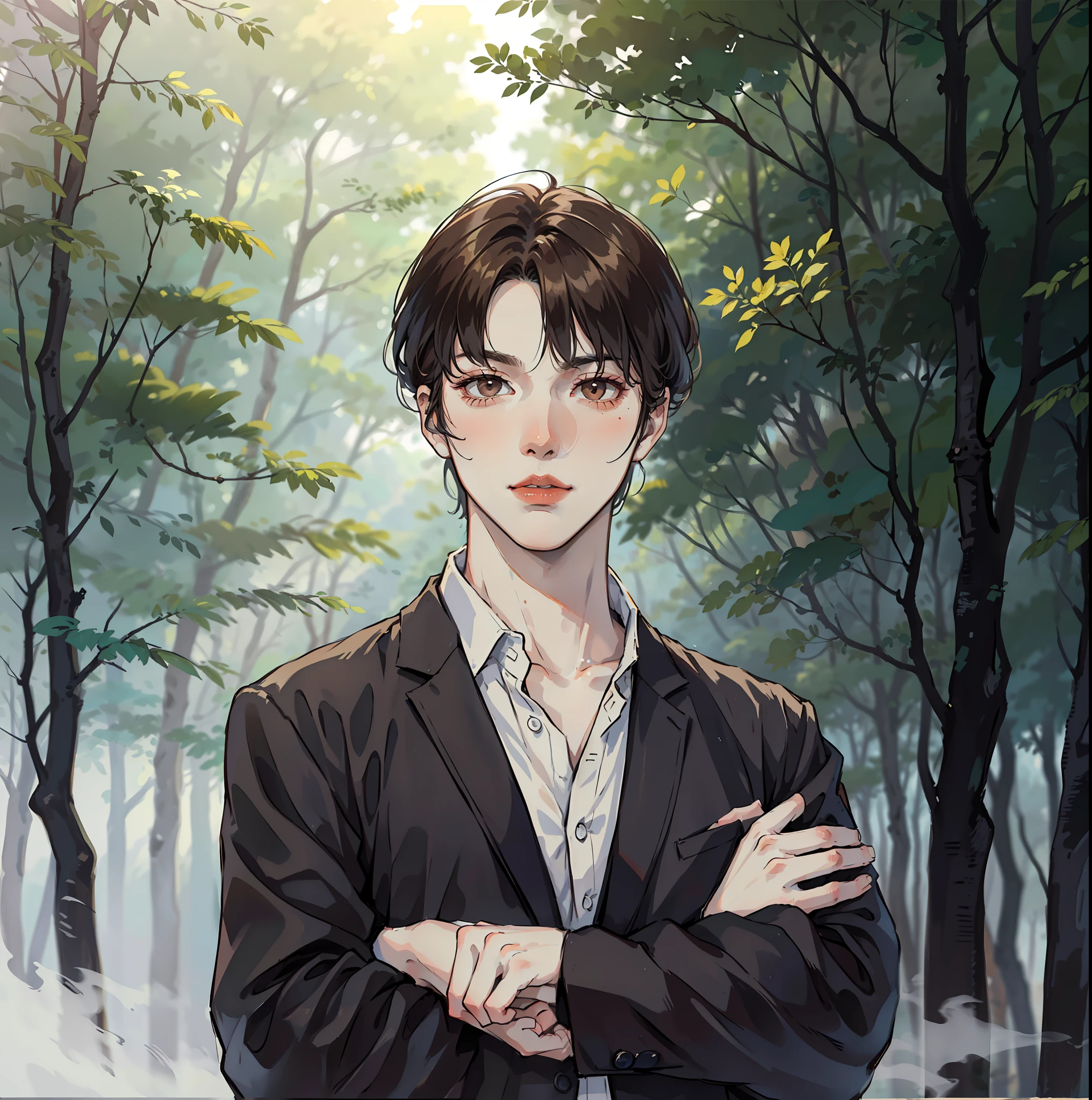 A man with a sword in both hands，Handsome guy，Antique handsome guy，1man looks handsome， Brunette hair， long whitr hair， Sword in both hands， In a forest， Standing alone，White fog pervades，Ancient Chinese landscape background