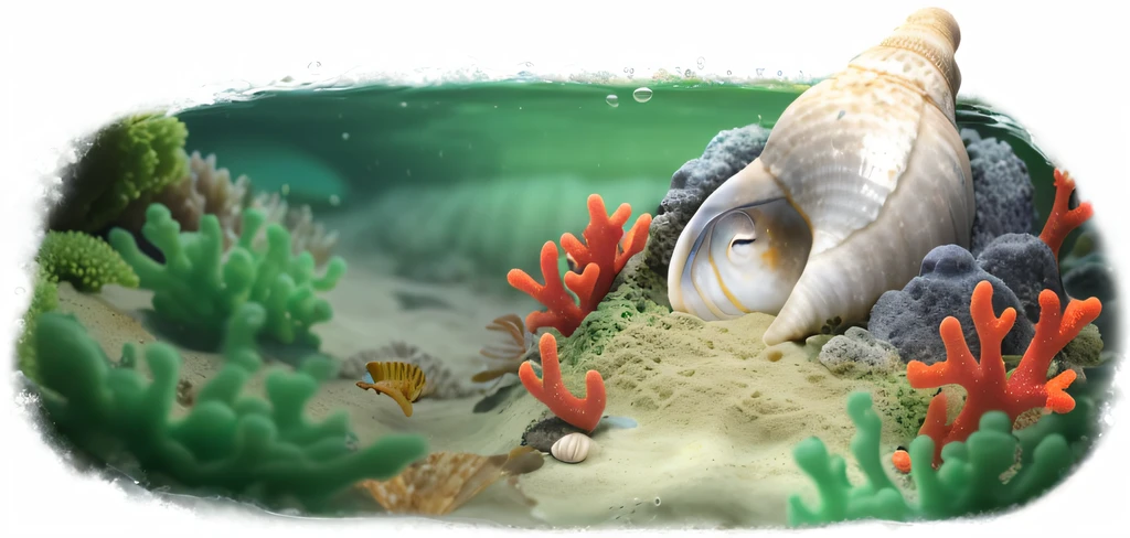Underwater world，Green coral，Sand ground，sea shell，Stone fine picture