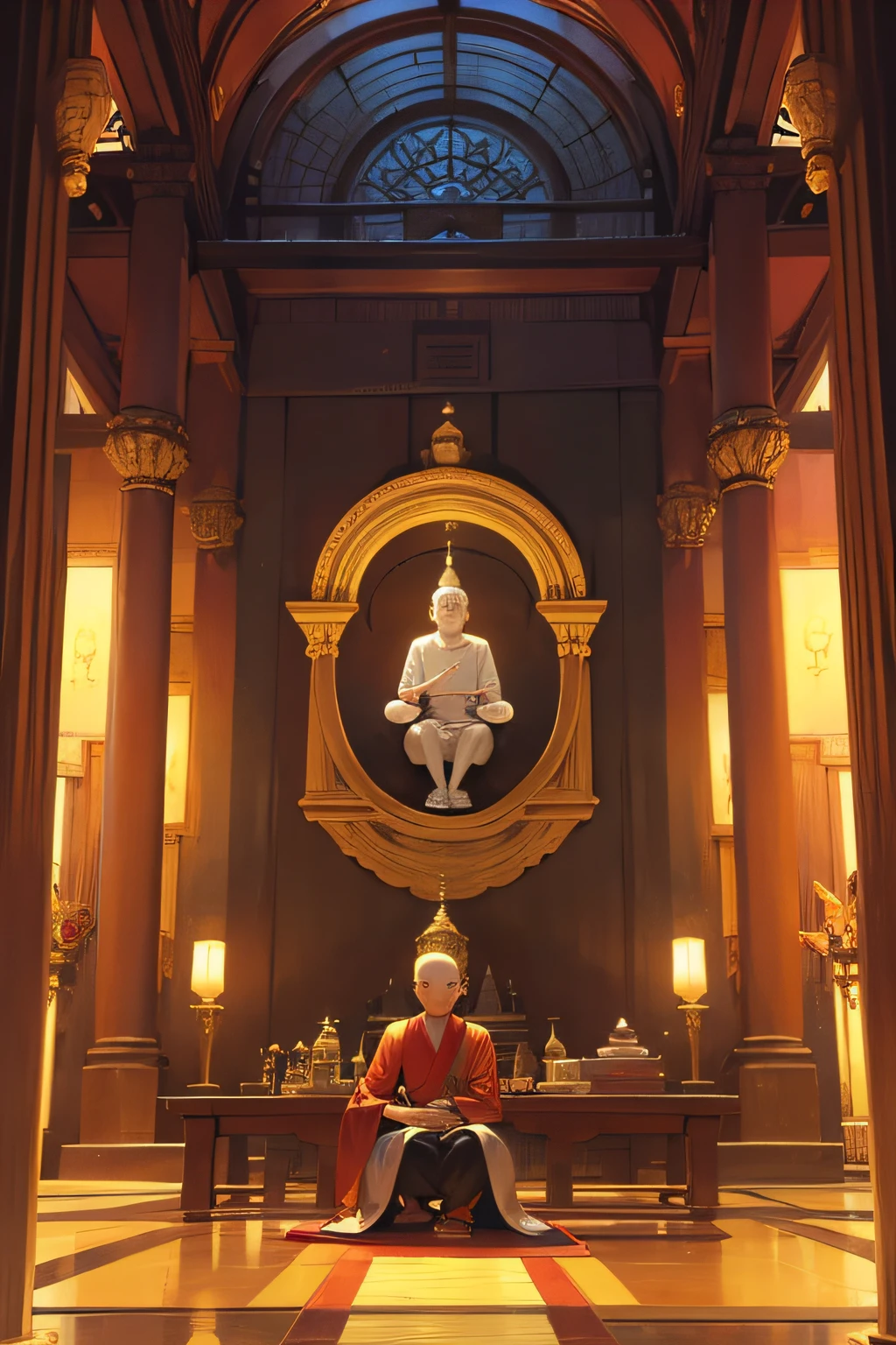 A pious little monk in a temple,tmasterpiece,best qualtiy,With a Buddha image,high detal,anime style --auto